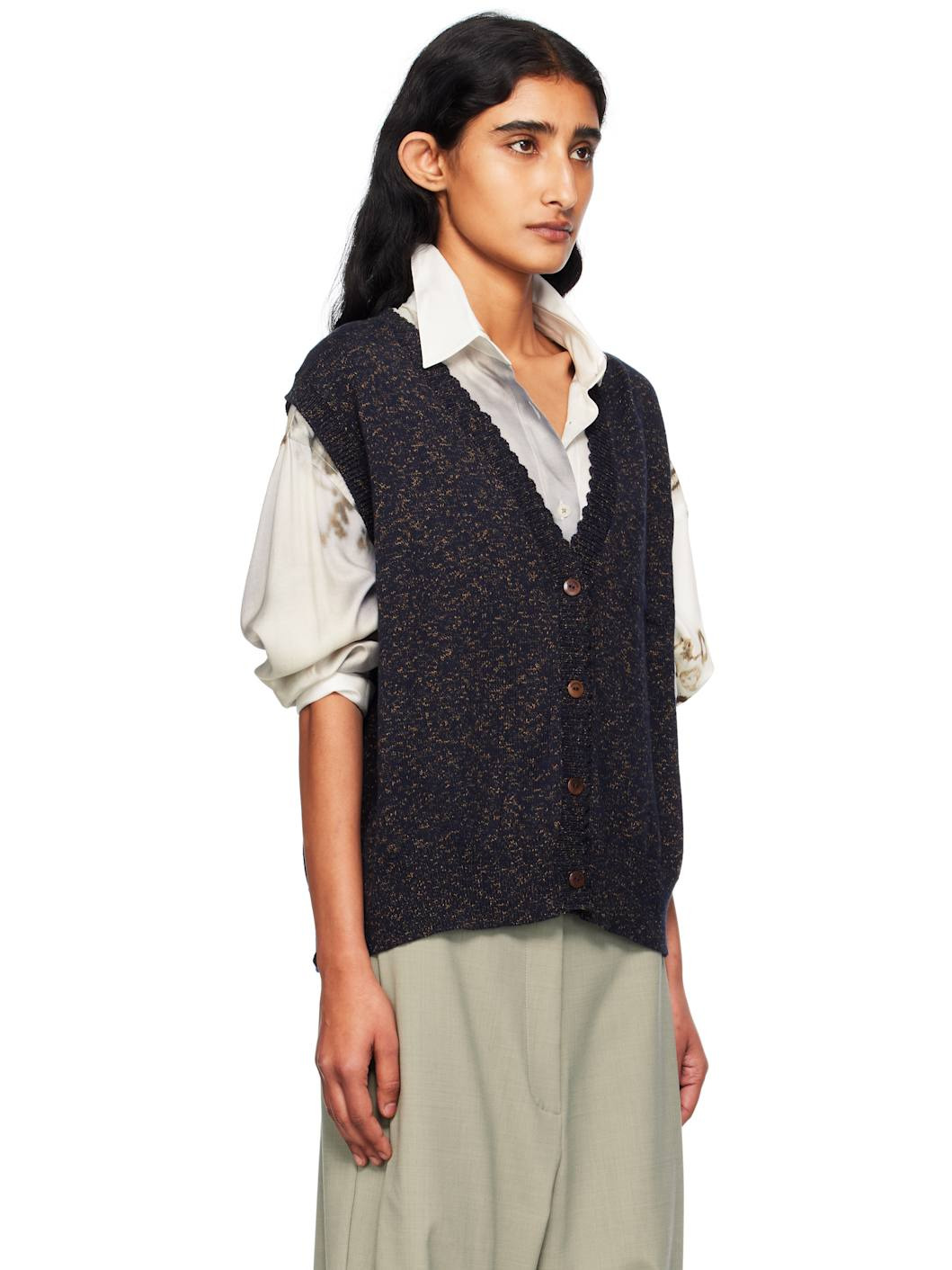 Navy Flecked Cotton Waistcoat Cardigan - 2