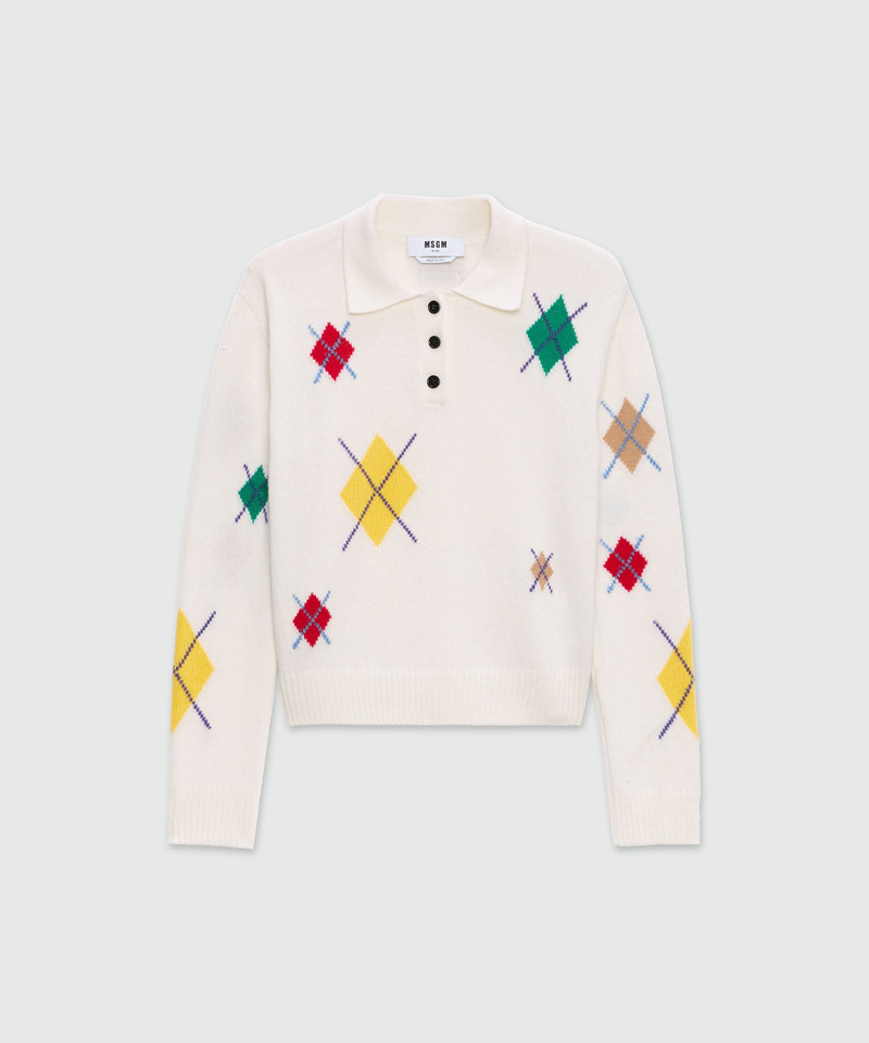 Ivory long-sleeved polo shirt with multicolor argyle pattern 1