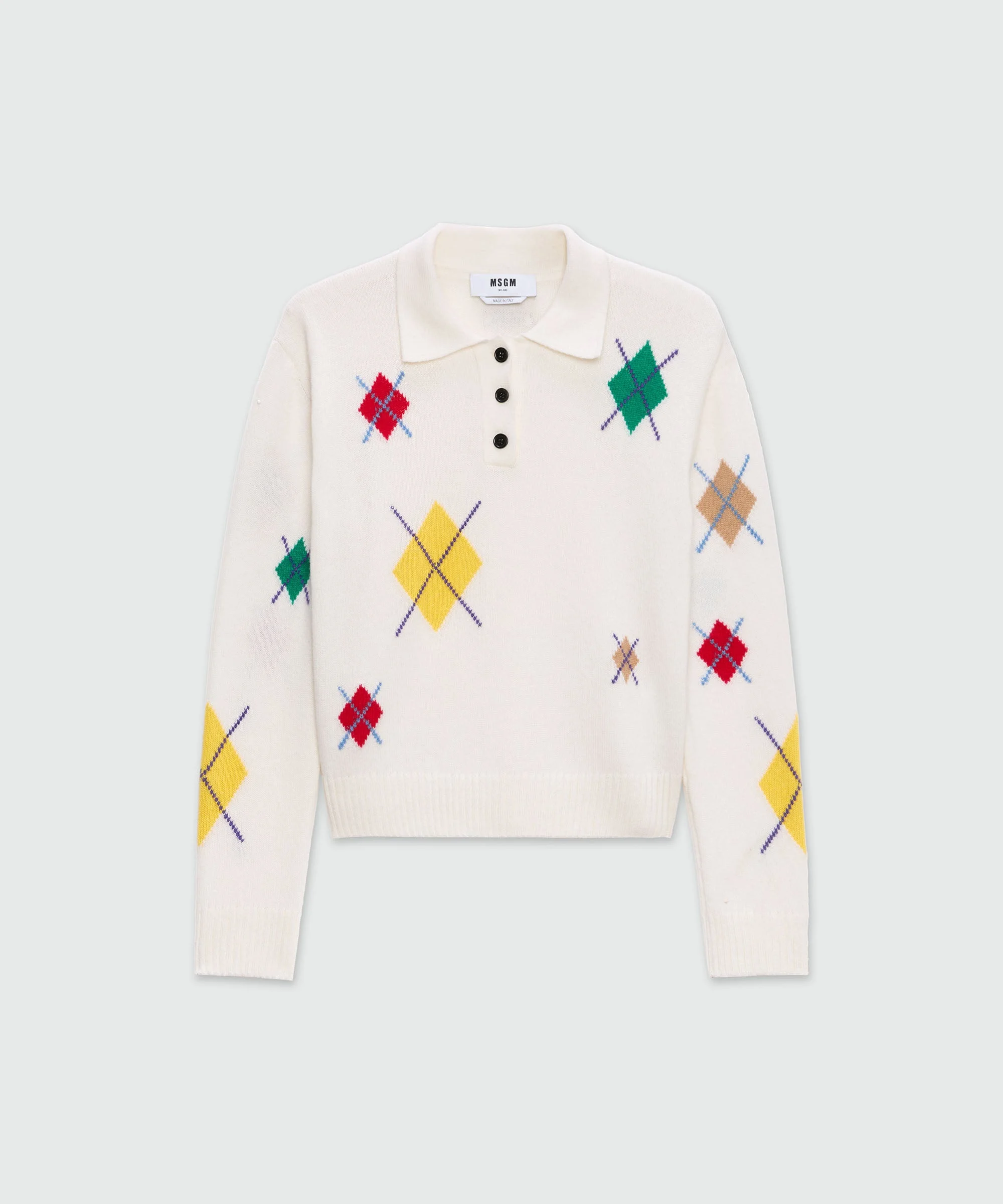 Ivory long-sleeved polo shirt with multicolor argyle pattern - 1