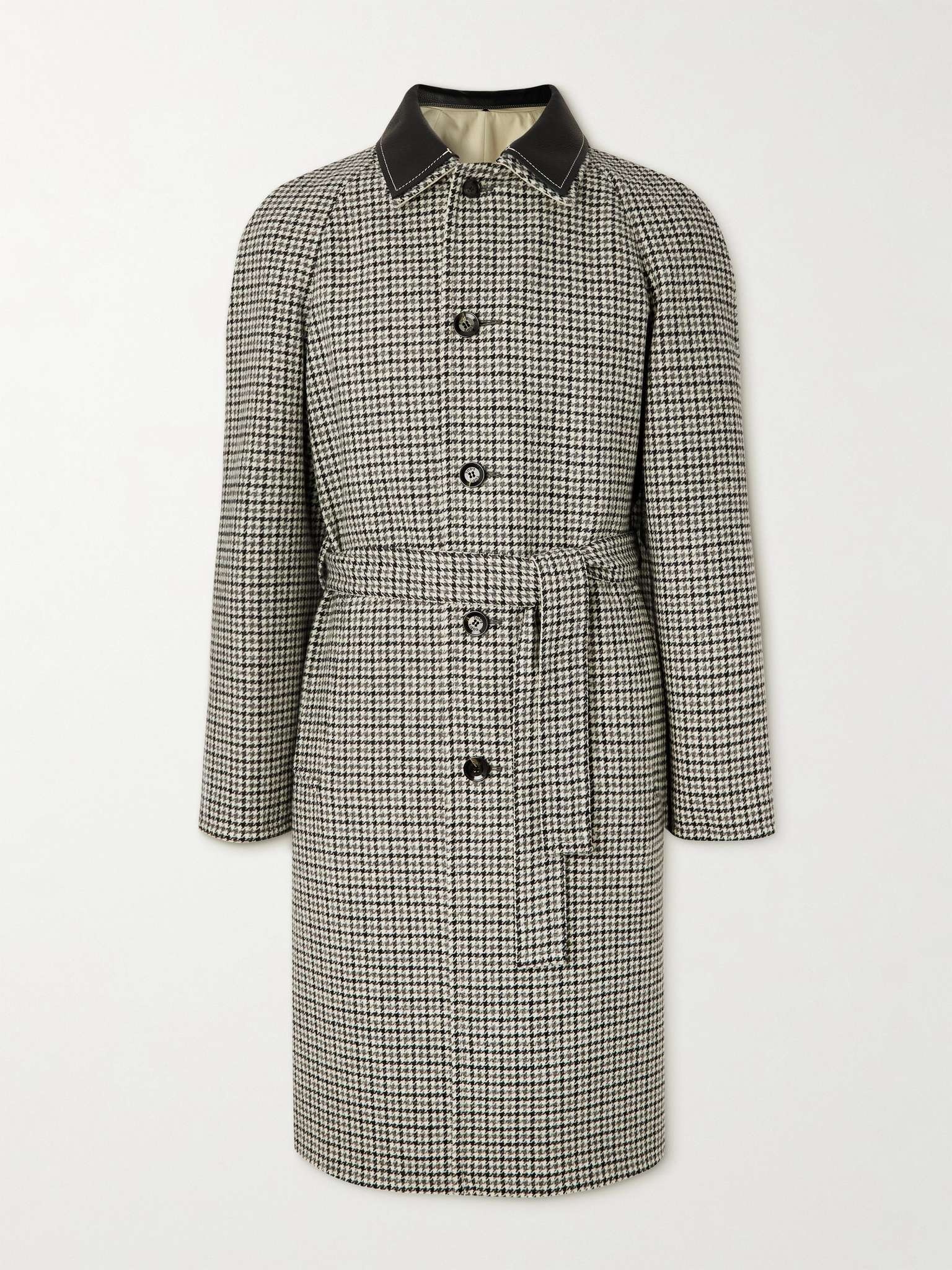 Reversible Leather-Trimmed Houndstooth Wool and Cotton-Gabardine Trench Coat - 1