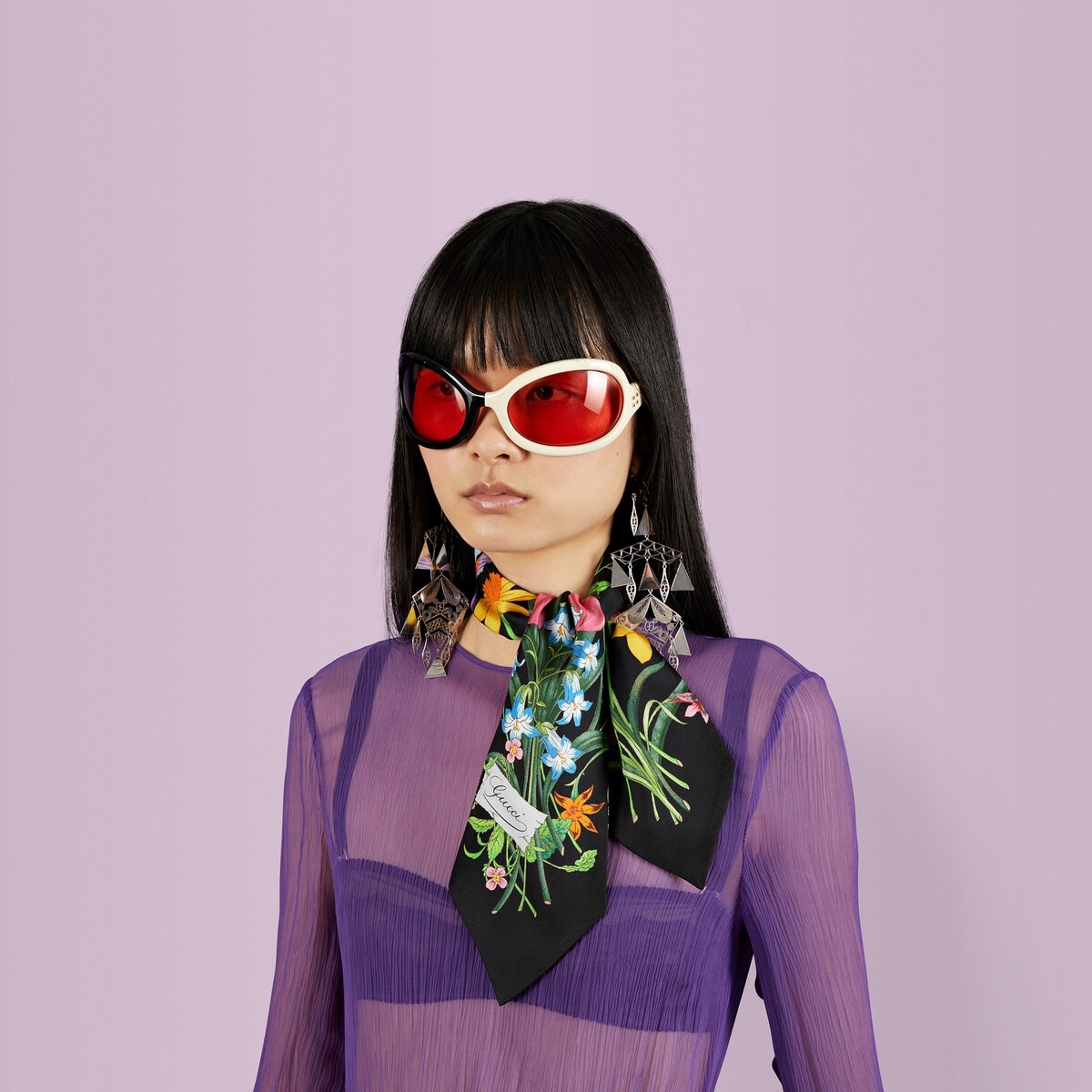 Flora print silk neck bow - 3