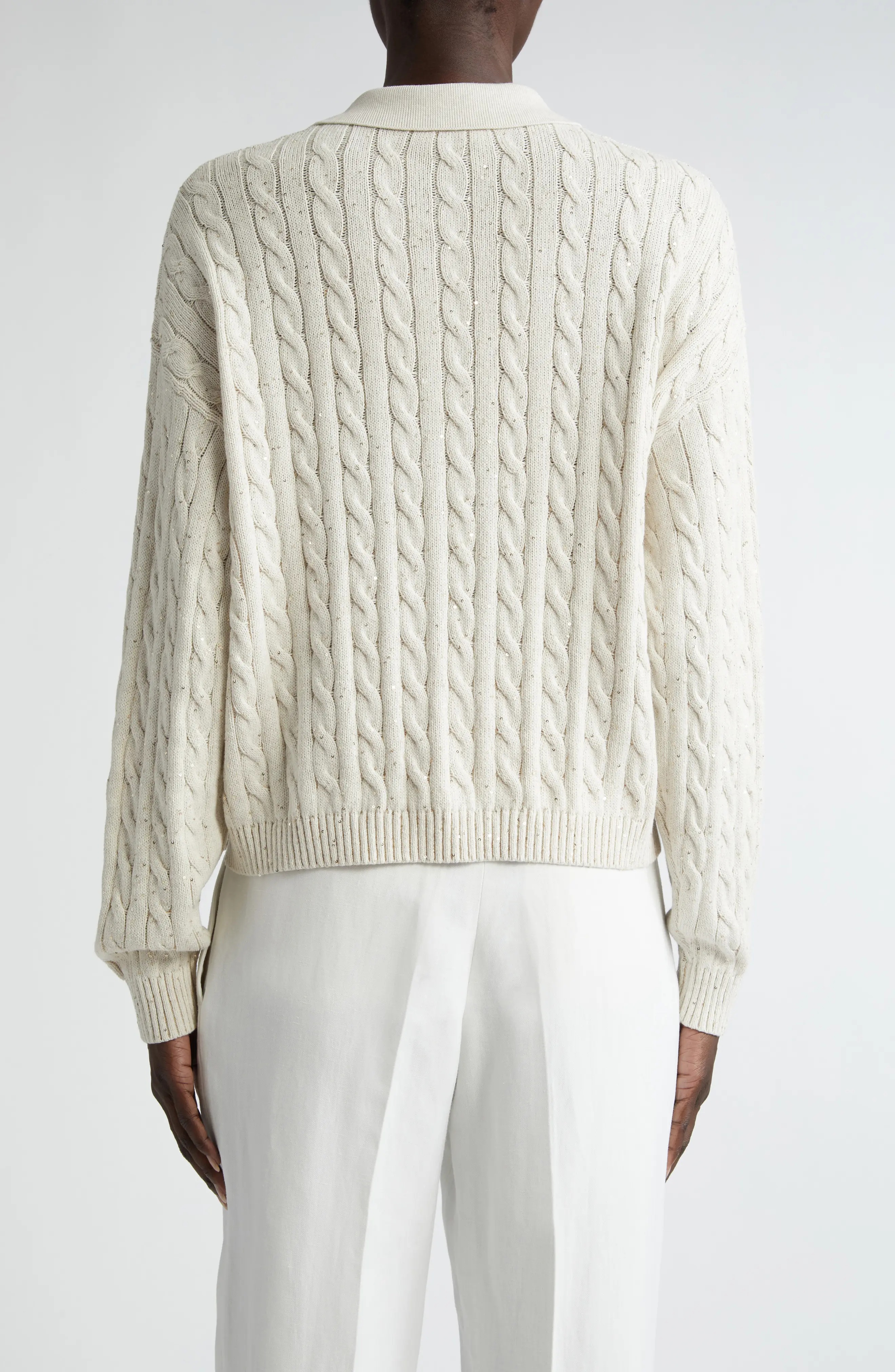 Sequin Cable Knit Polo Sweater - 3