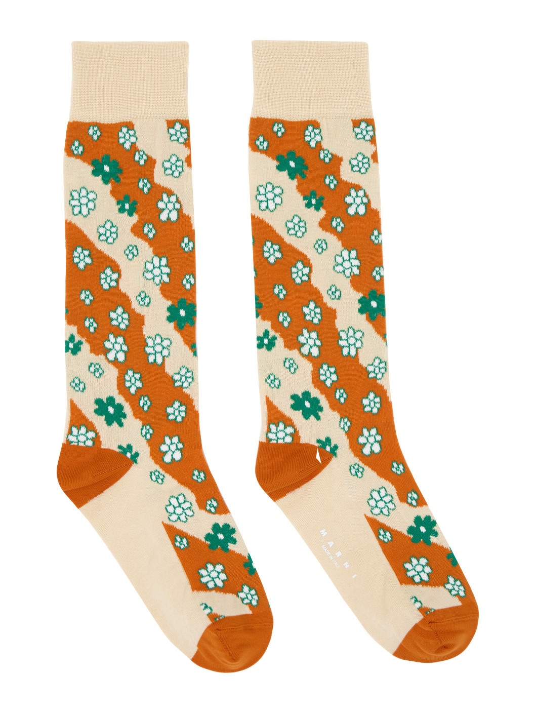 Beige & Orange Stripy Flowers Socks - 1