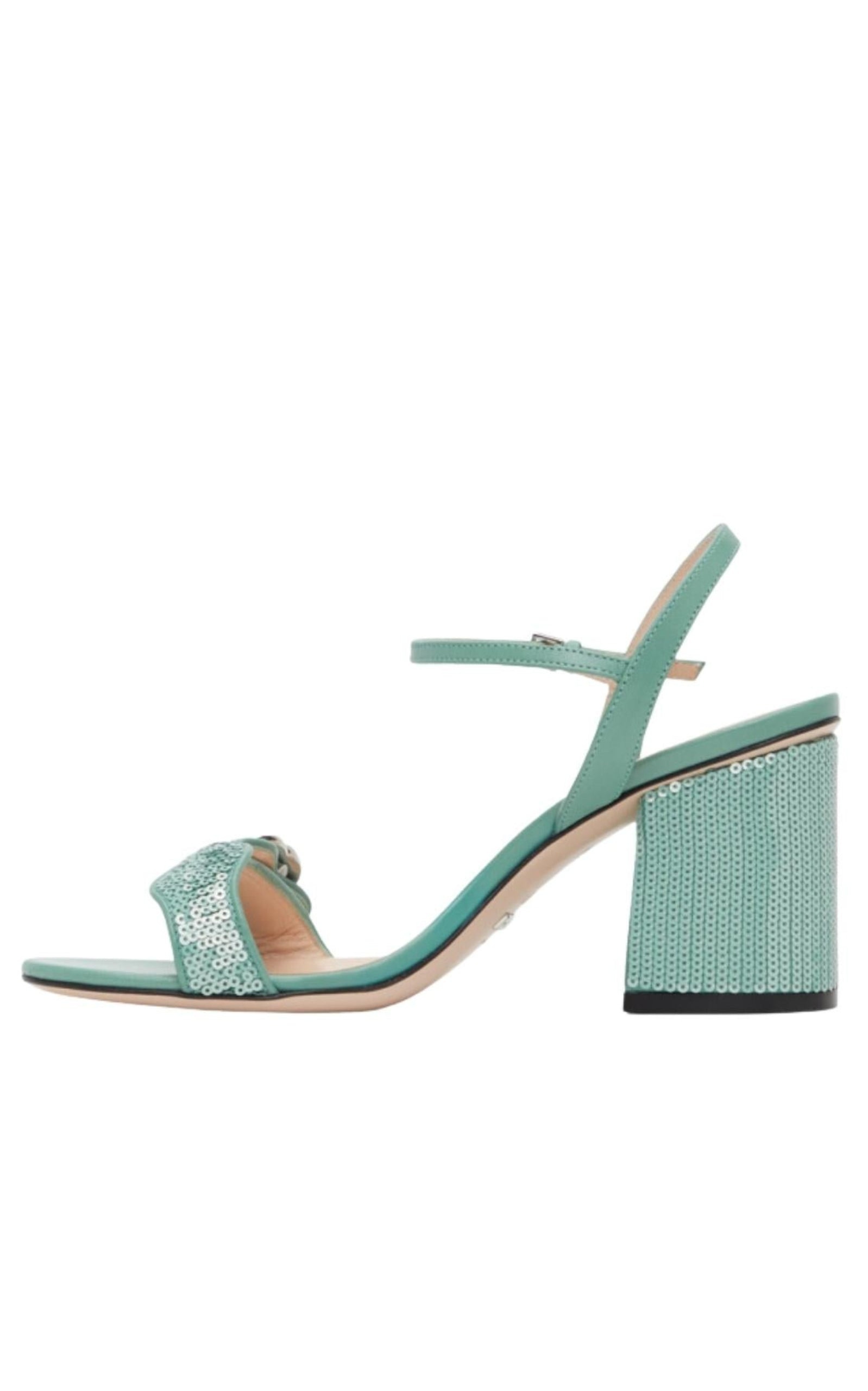 Green Sequin GG Marmont Mid Heeled Sandals - 3