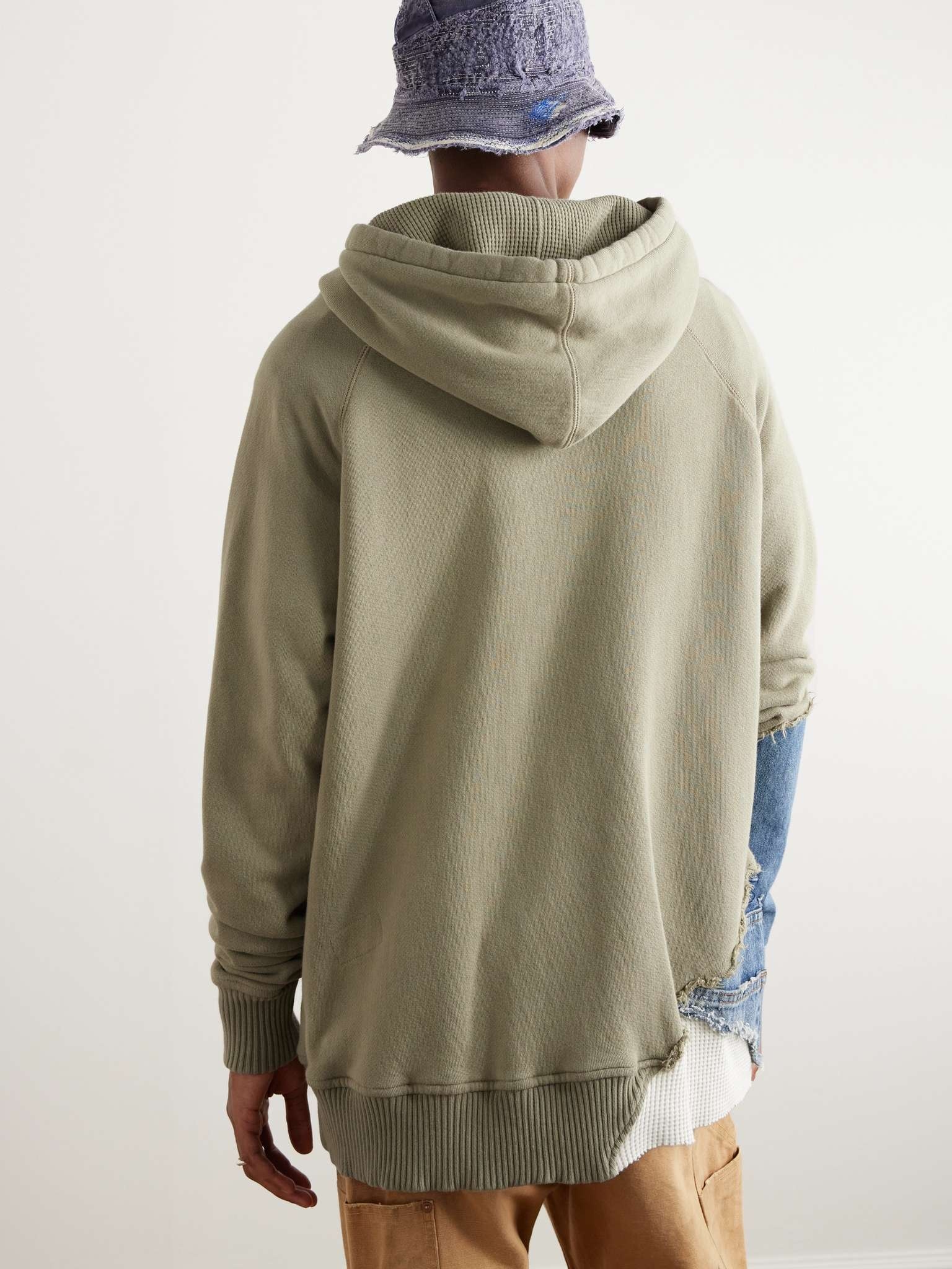 Denim-Panelled Waffle-Knit Cotton-Blend Jersey Hoodie - 3