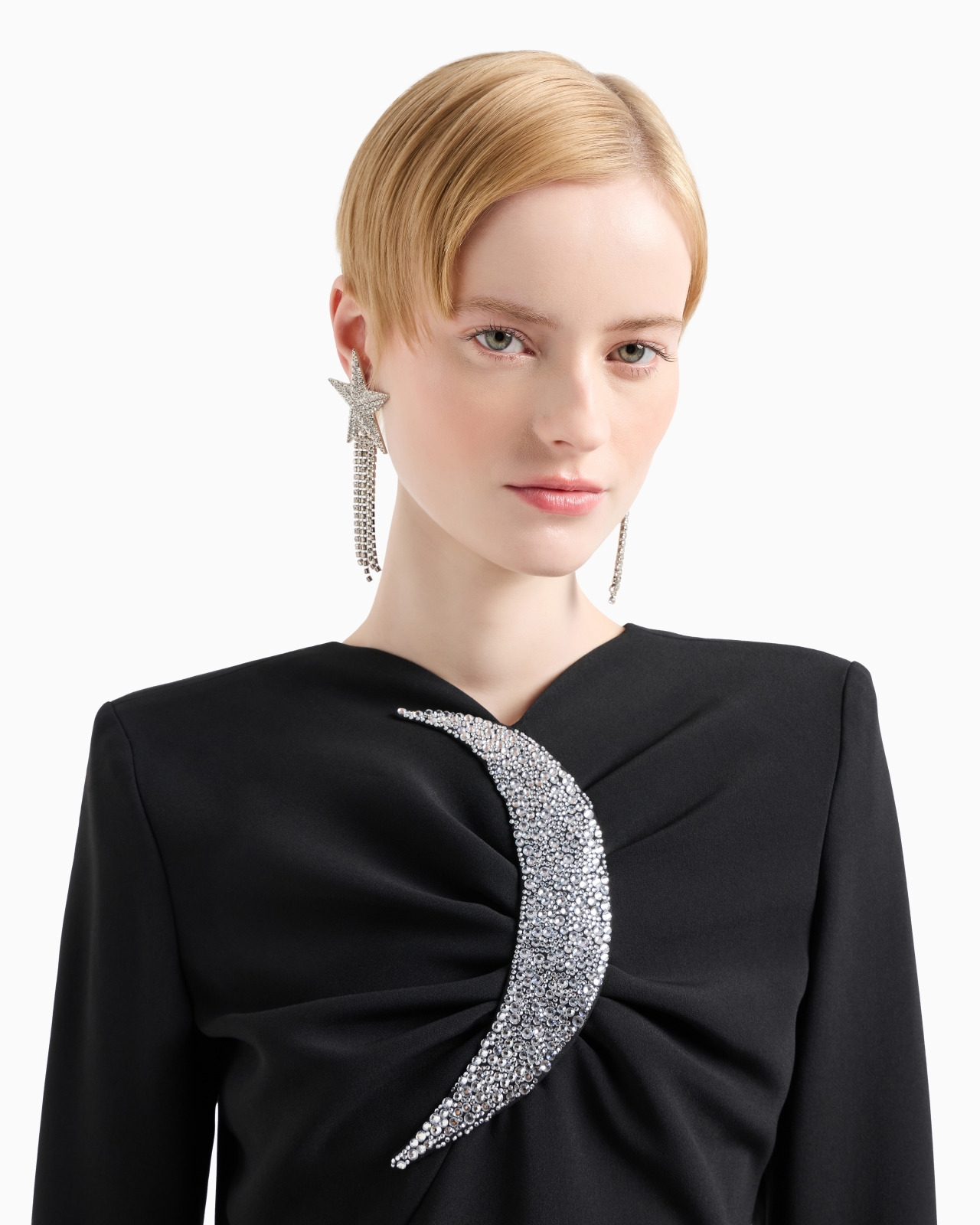 Sheath dress with draping and oversized moon with rhinestones - 5