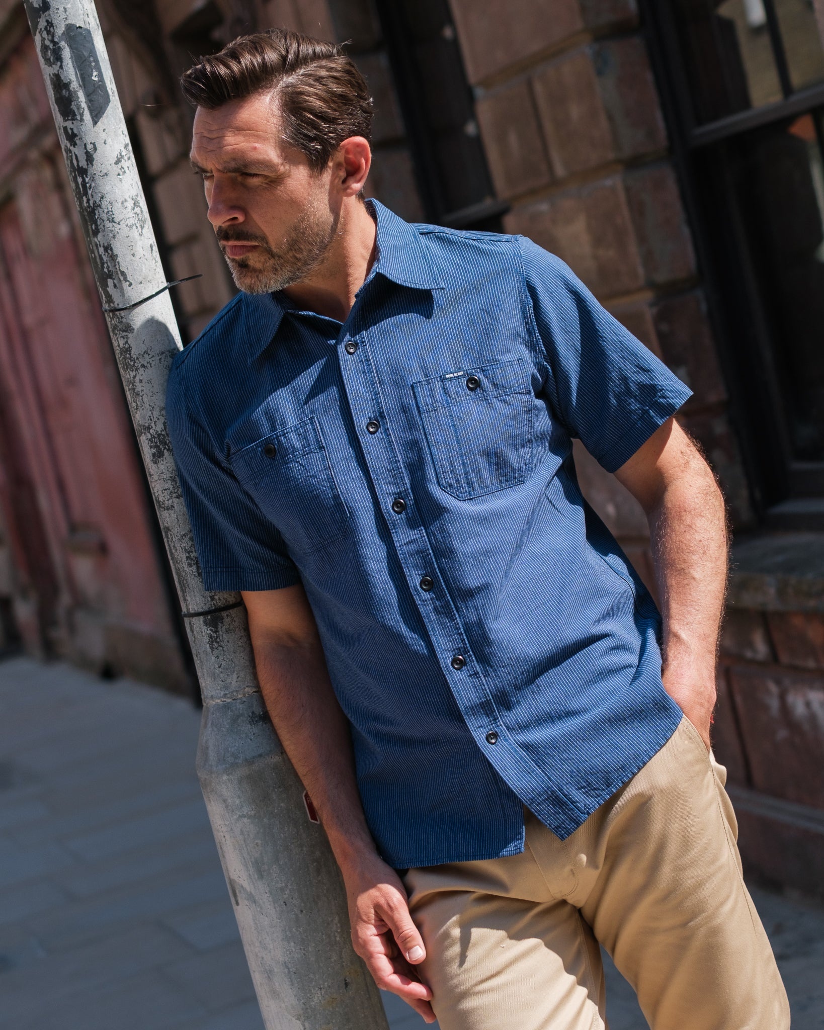 5OZ SELVEDGE OX CLOTH SHORT SLEEVED WORK SHIRT - PINSTRIPE - 4