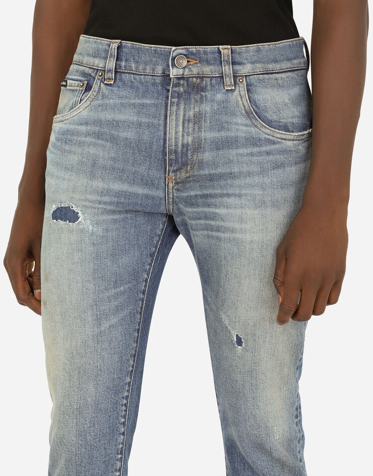 Blue wash skinny stretch jeans with rips - 4