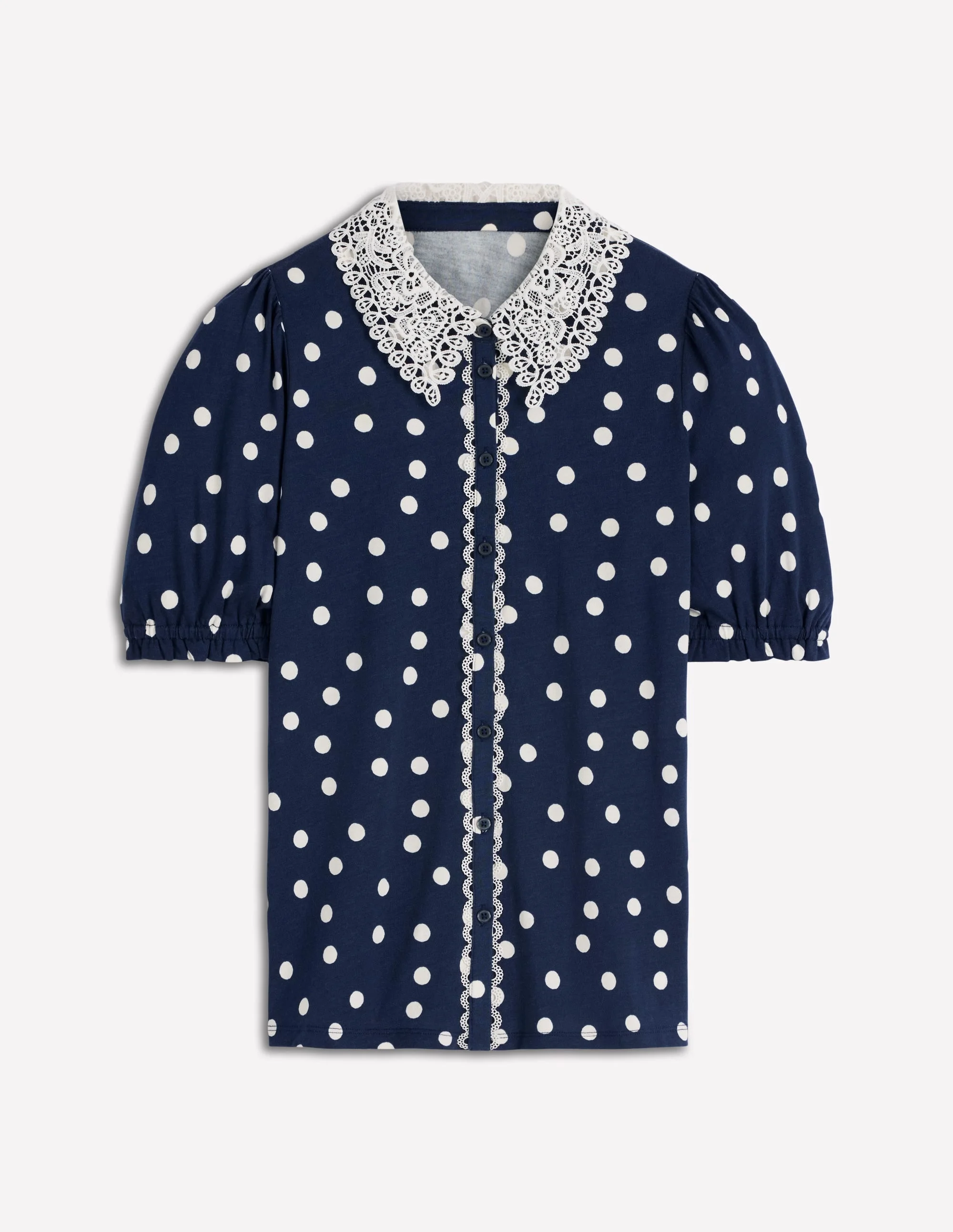 Nessa Broderie Collar Blouse-French Navy Painted Dot - 1