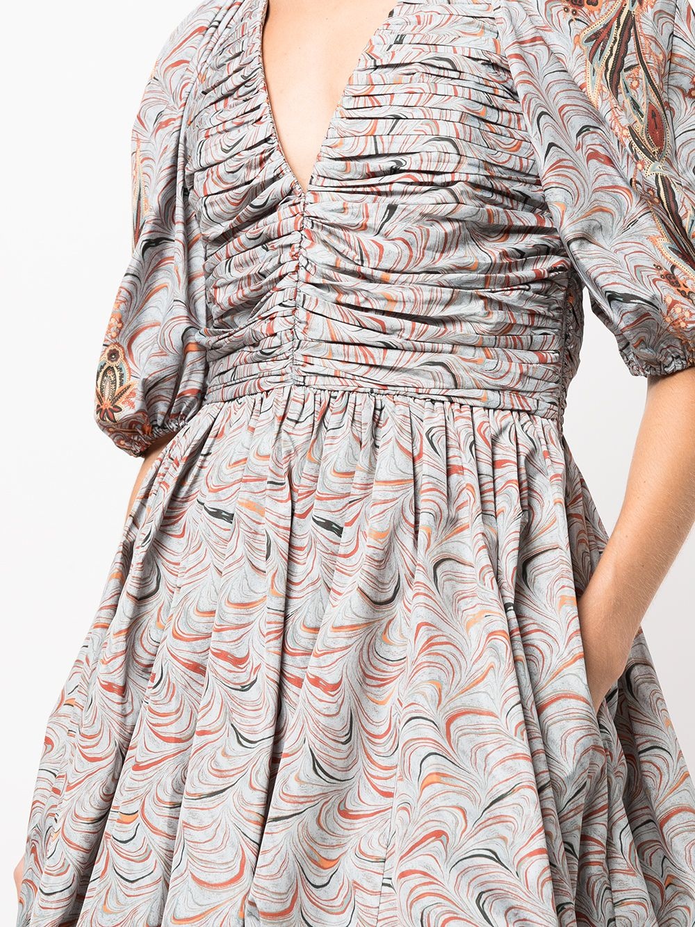 marbled puff-sleeve ruched dress - 5