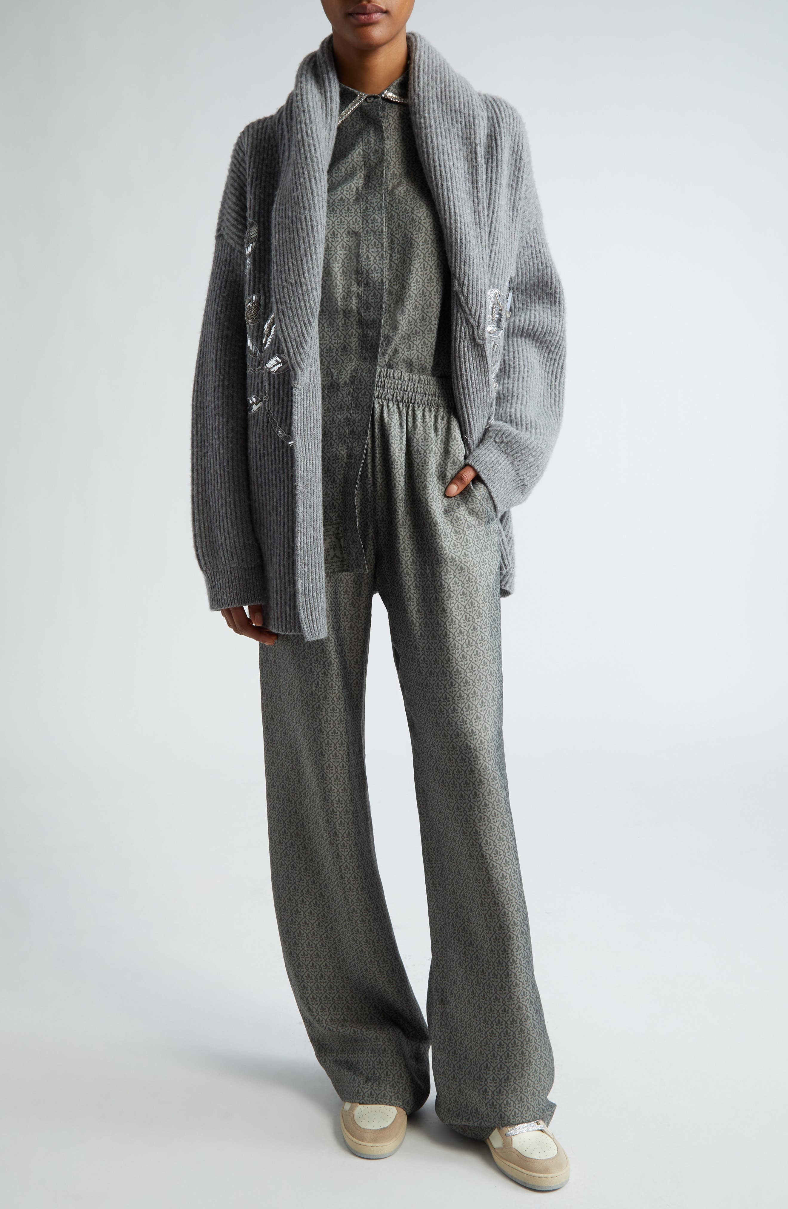 Golden Goose Embellished Virgin Wool Belted Cardigan in Grey Melange at Nordstrom - 2
