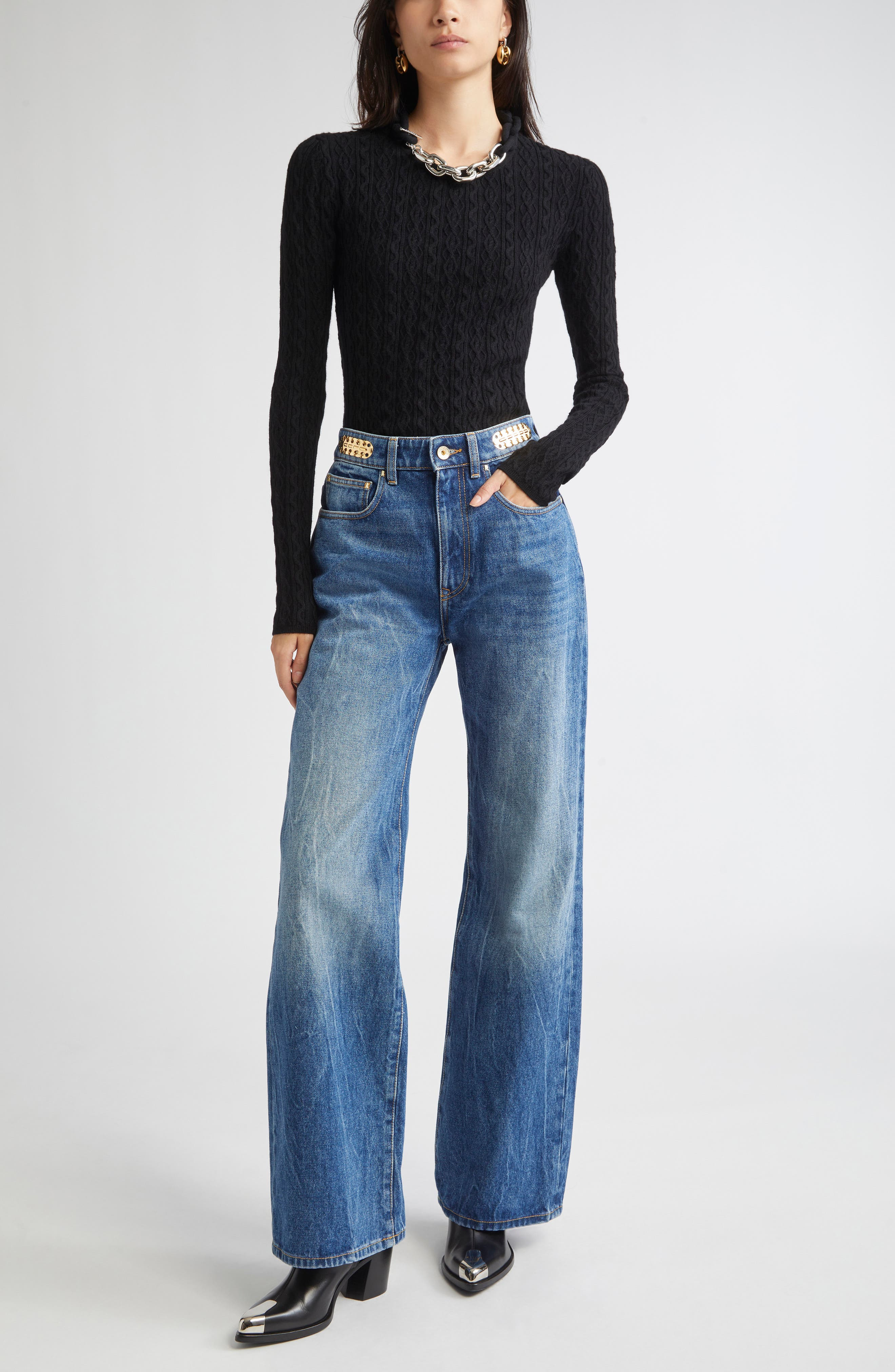 Rabanne Chain Detail Cable Knit Sweater in Black at Nordstrom - 7