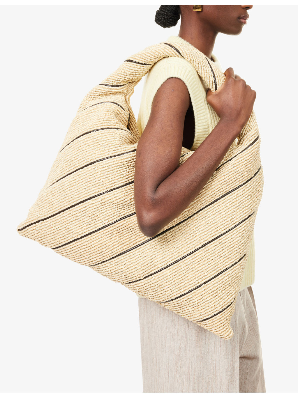 Large Leather-Trim Raffia Shoulder Bag - 2