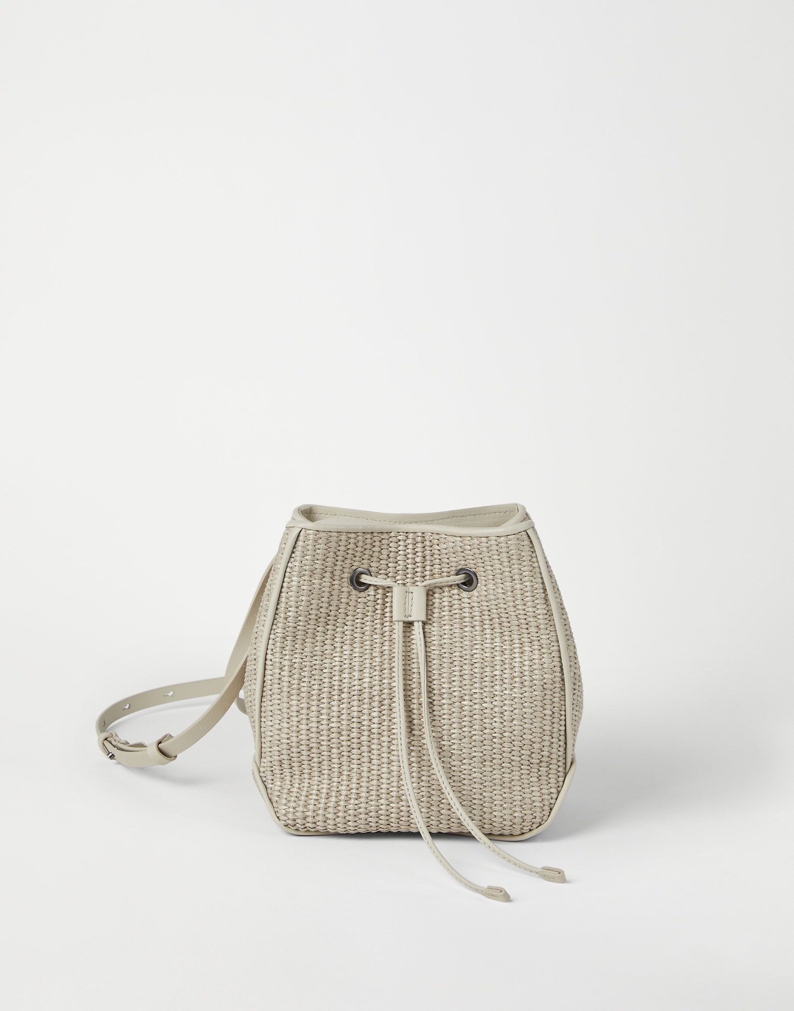Techno raffia bucket bag with monili 1