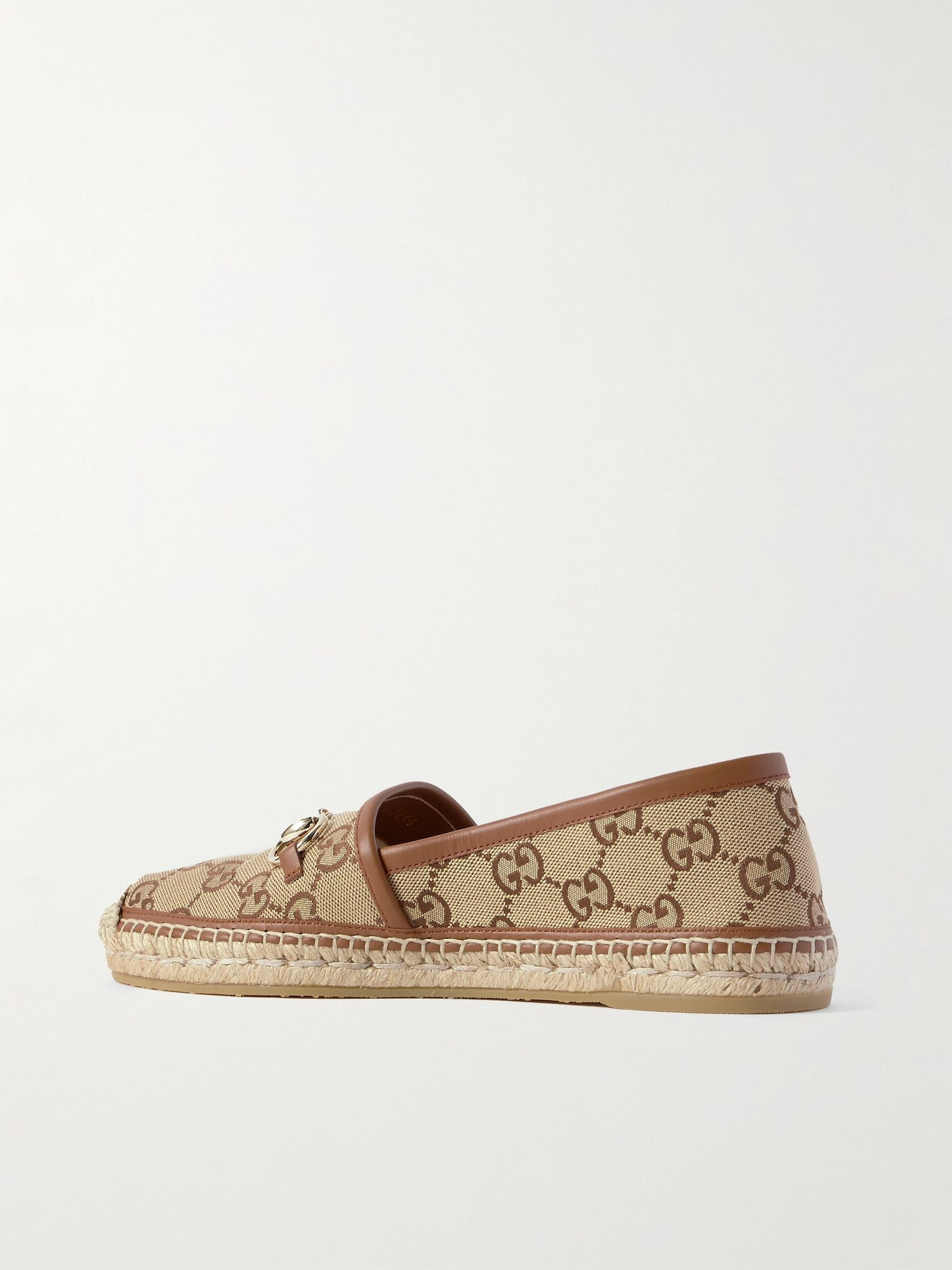 Pilar horsebit-embellished leather-trimmed logo-jacquard canvas espadrilles Camel - 3