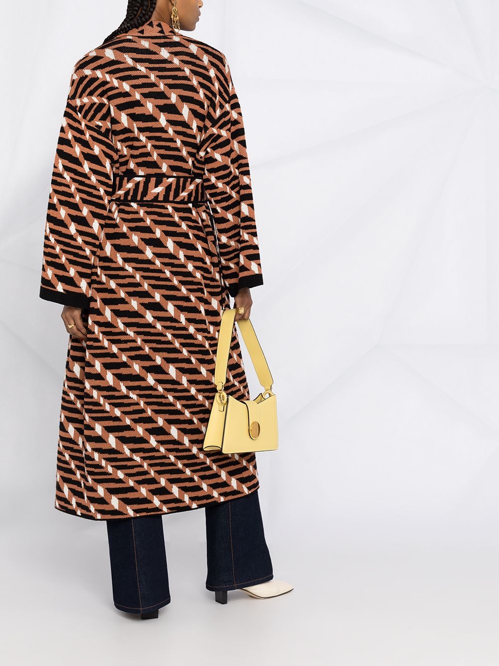 geometric-pattern belted coat - 4