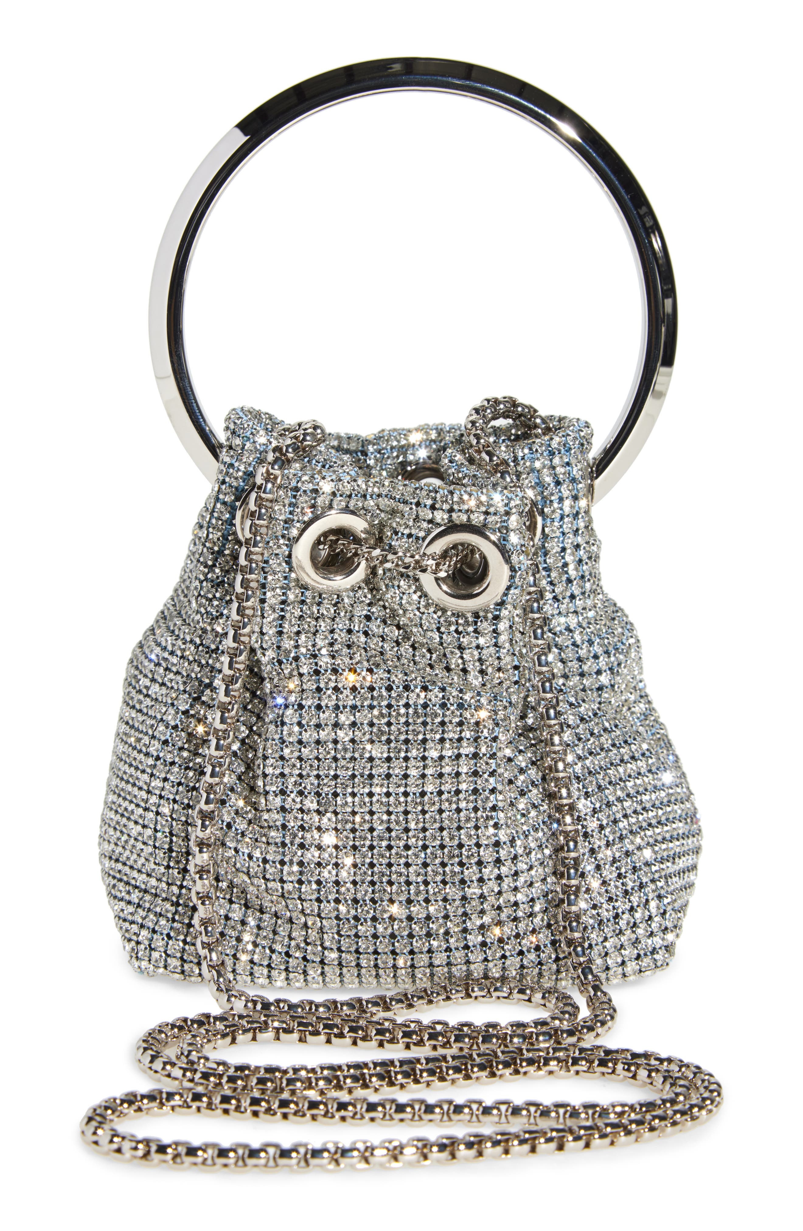 Jimmy Choo Micro Bon Bon Crystal Mesh Drawstring Top Handle Pouch in Silver at Nordstrom - 4