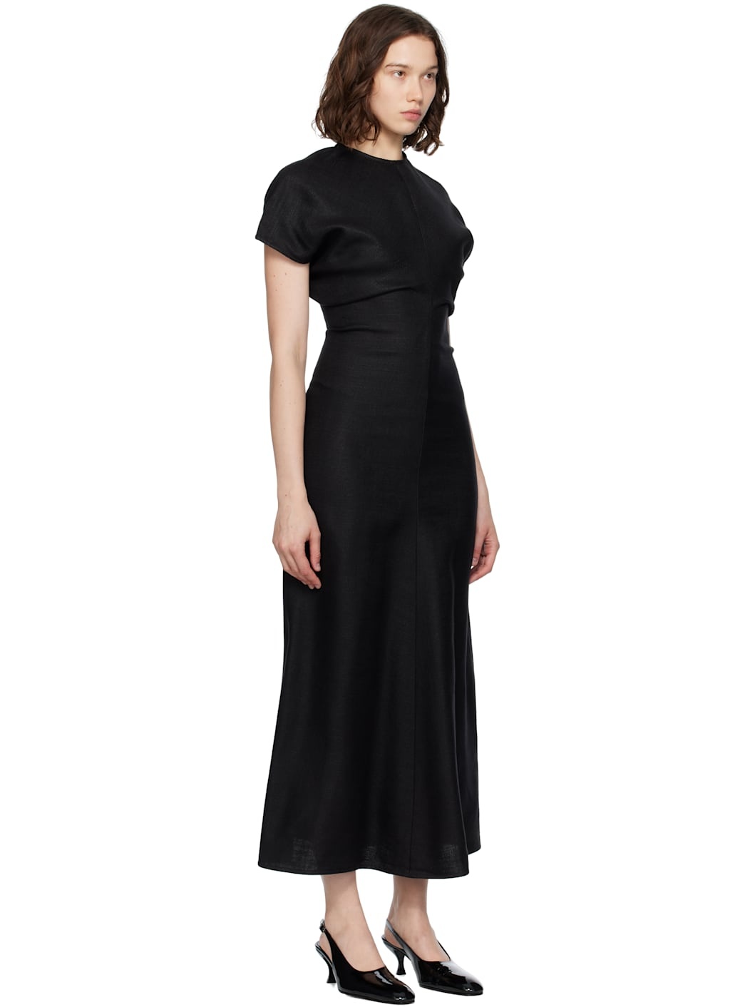 Black Slouch Waist Basketweave Midi Dress - 2