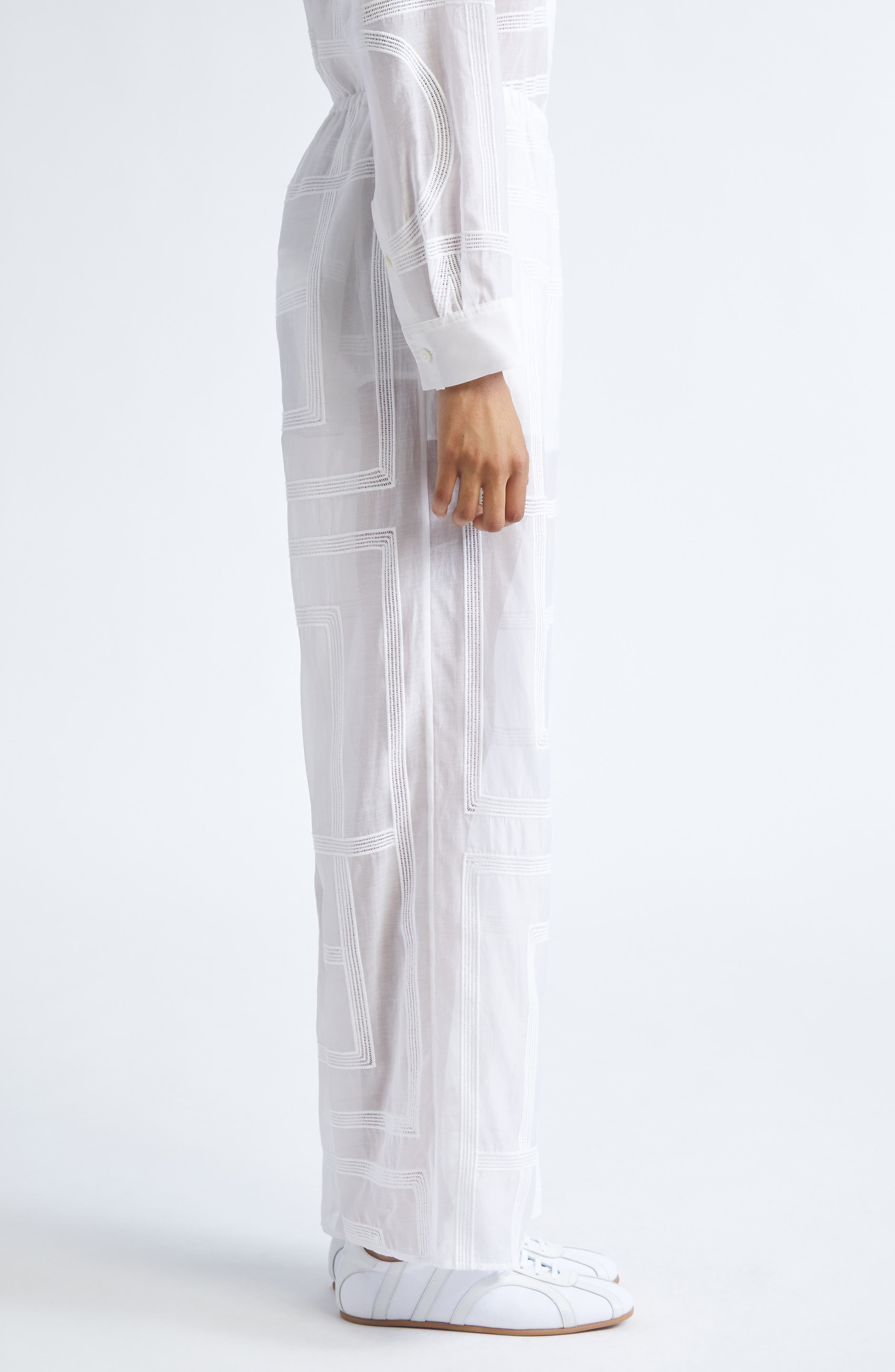 TOTEME Monogram Open Stitch Organic Cotton & Silk PJ Bottoms in White at Nordstrom - 4