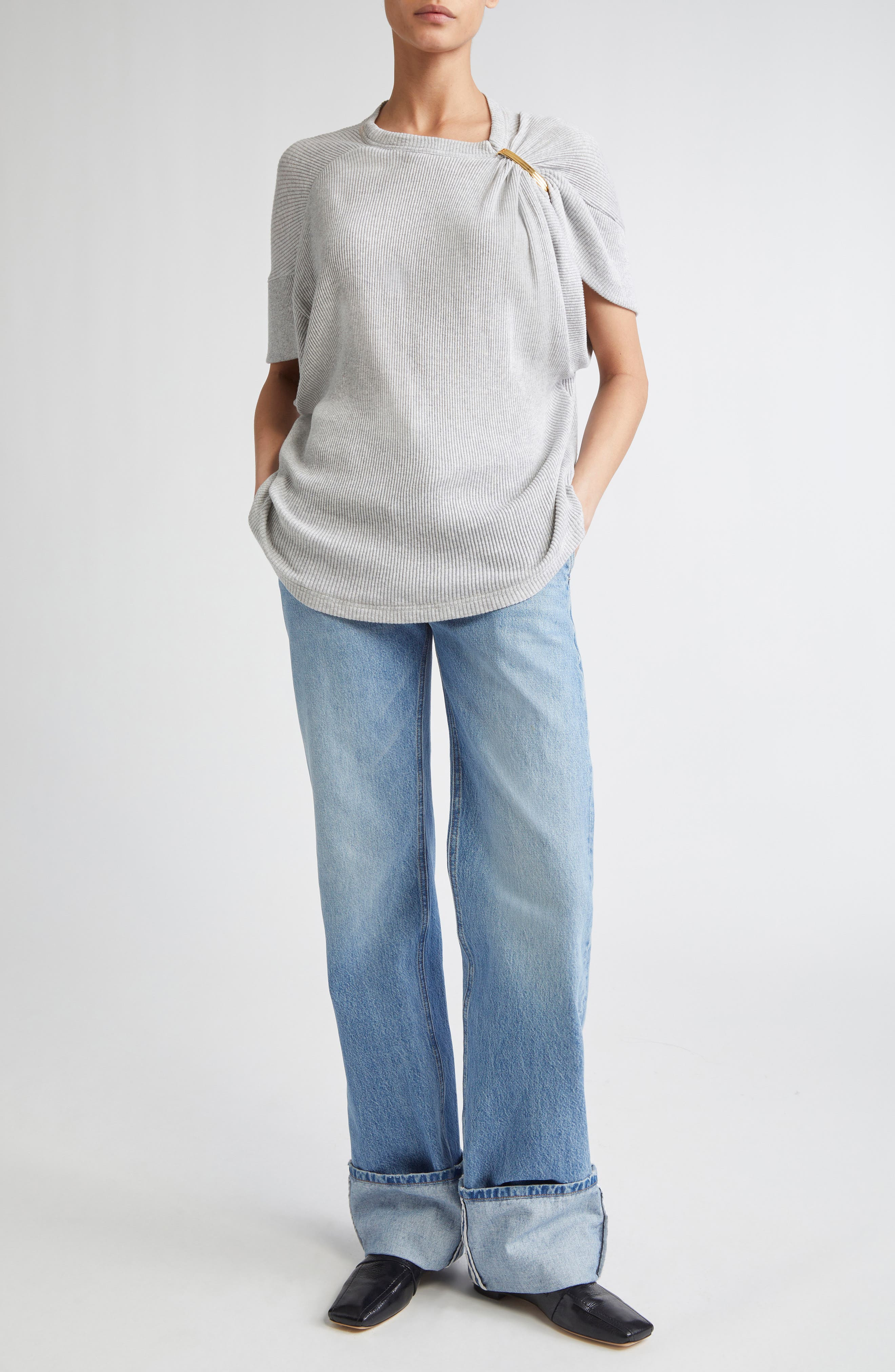 Brandon Maxwell The Faye Asymmetric Rib T-Shirt in Heather Grey/Gold at Nordstrom - 2