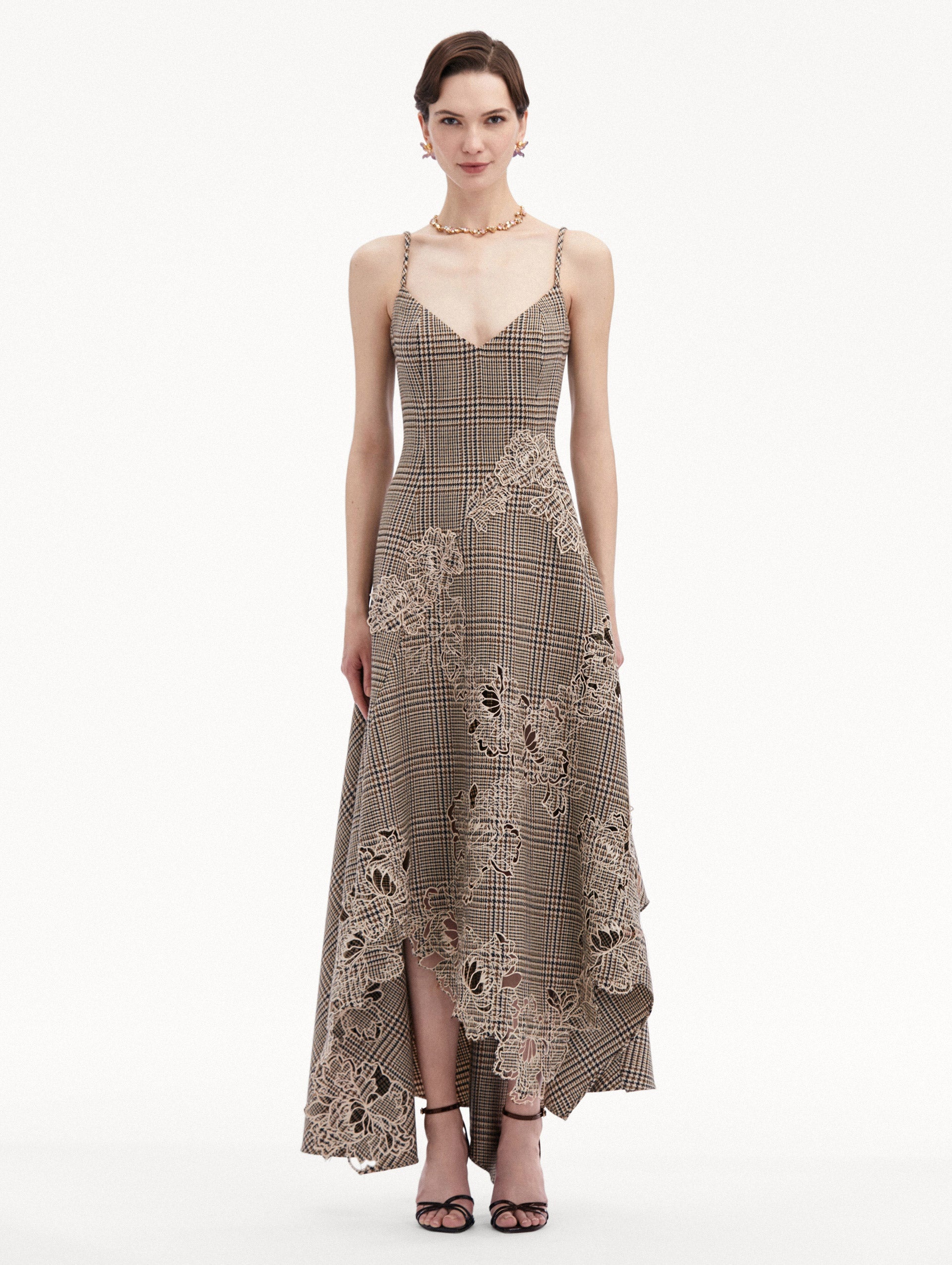 PEONY GUIPURE APPLIQUÉ PLAID V-NECK DRESS - 2