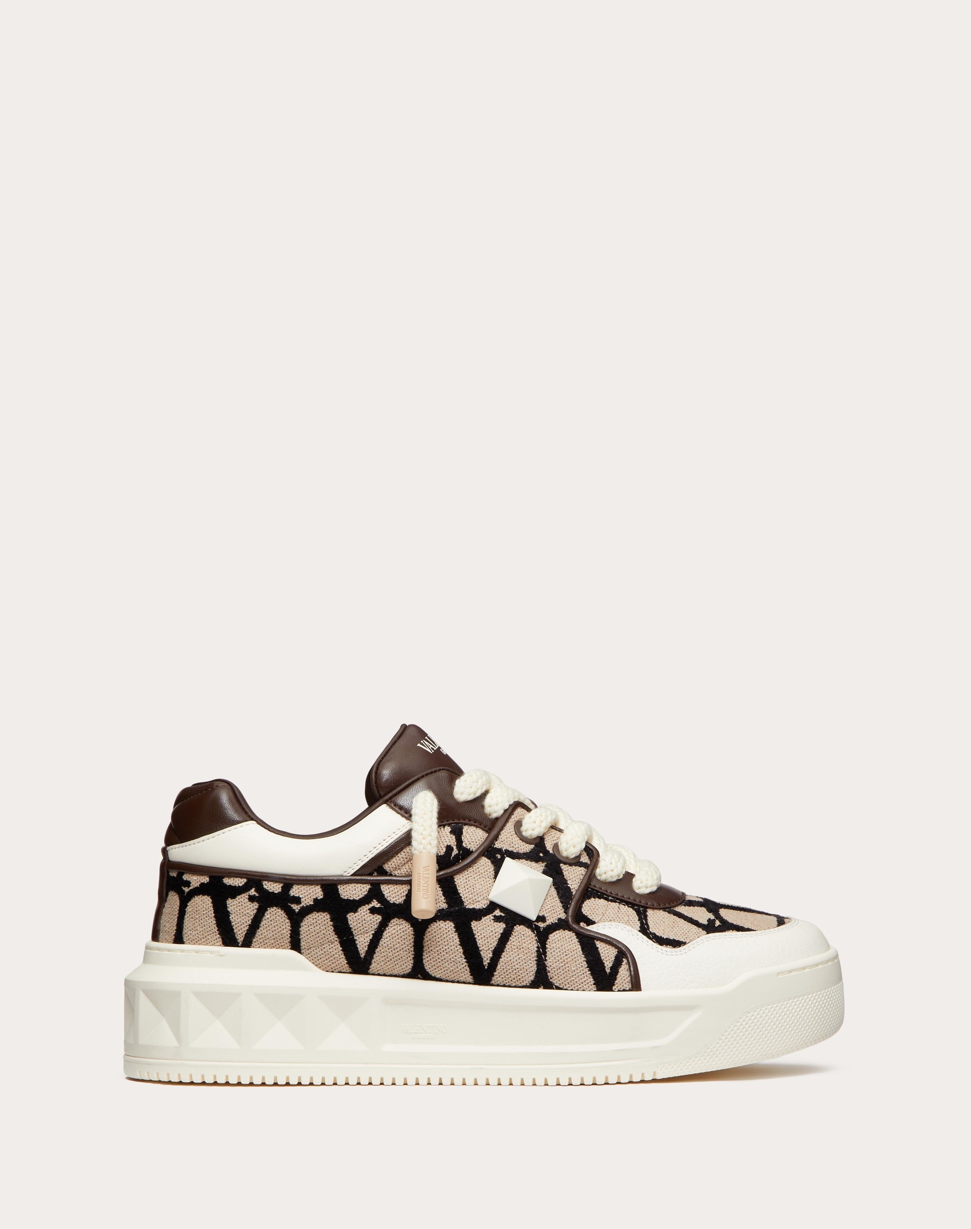 ONE STUD XL LOW-TOP SNEAKER IN NAPPA LEATHER AND TOILE ICONOGRAPHE FABRIC - 1