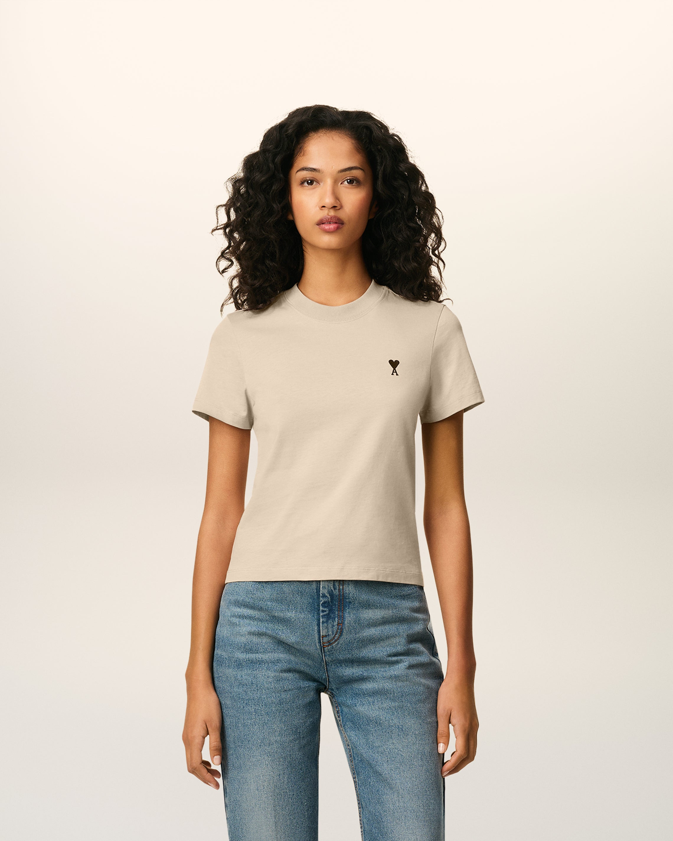 BEIGE COTTON CROPPED AMI DE COEUR T-SHIRT - 2