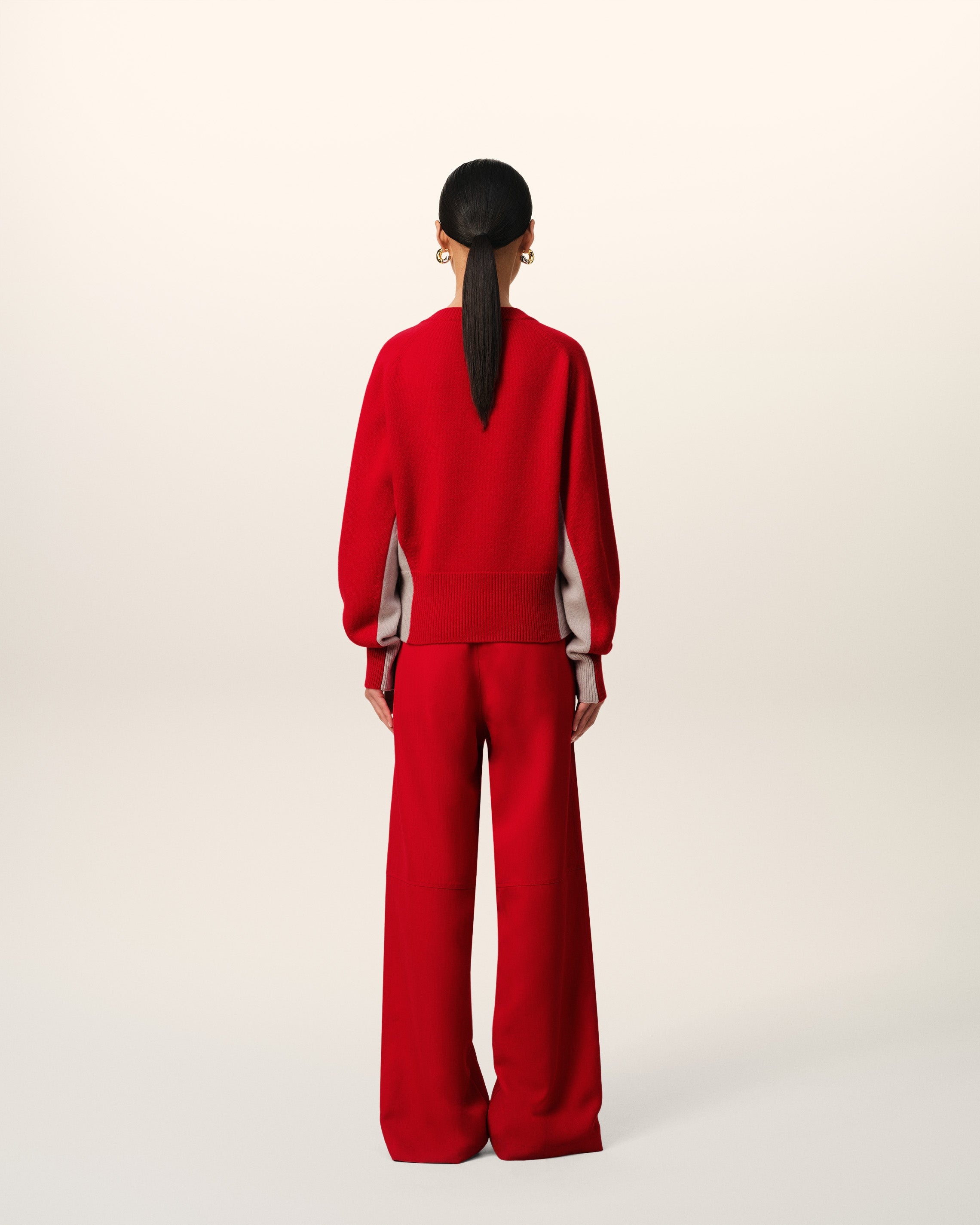 RED WOOL KNIT BICOLOR V NECK SWEATER - 5