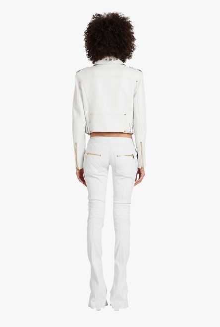 Cropped white leather biker jacket - 3