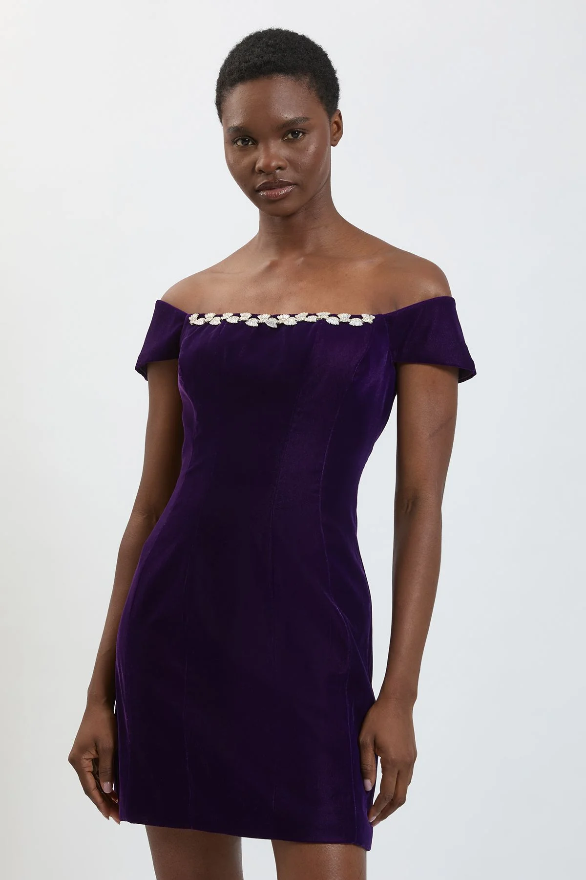 Embellished Trim Velvet Mini Dress - 1