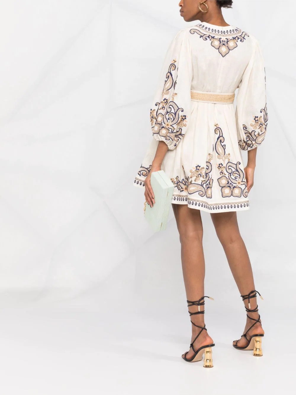 paisley-embroidered belted dress - 4