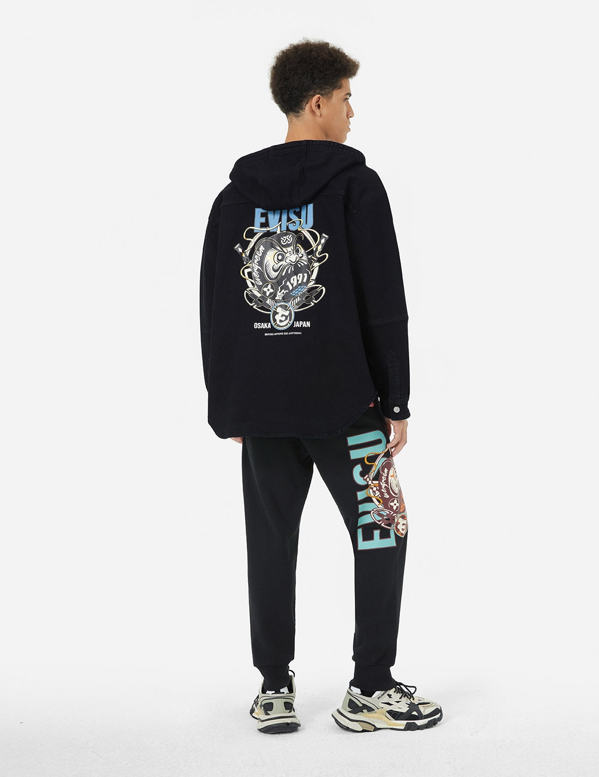 Ninja Daruma and Logo Print Regular Fit Hooded Denim Shirt Jacket - 3