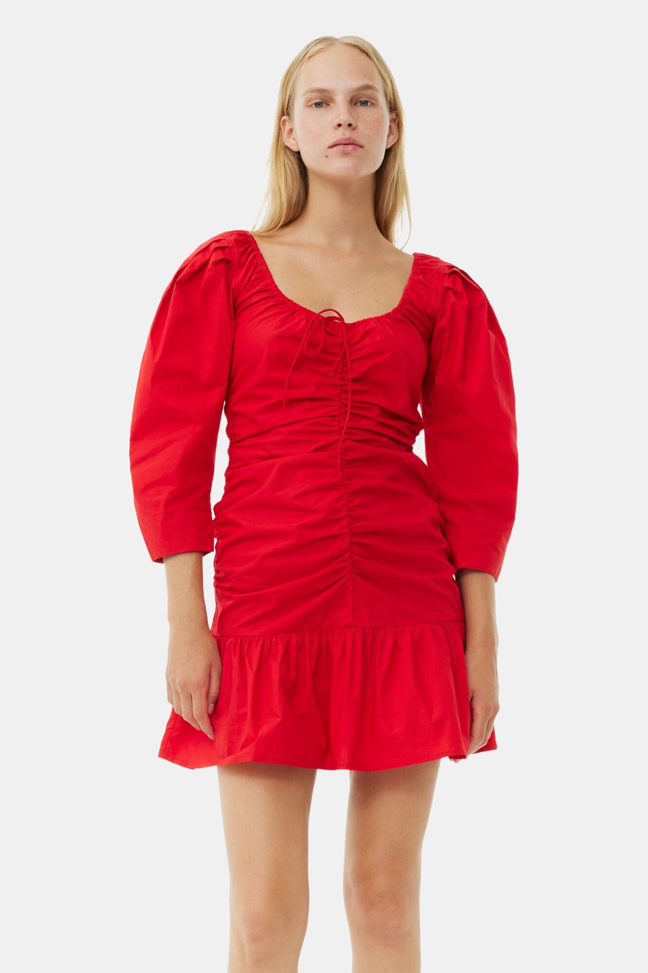 RED COTTON POPLIN GATHERED U-NECK MINI DRESS - 3