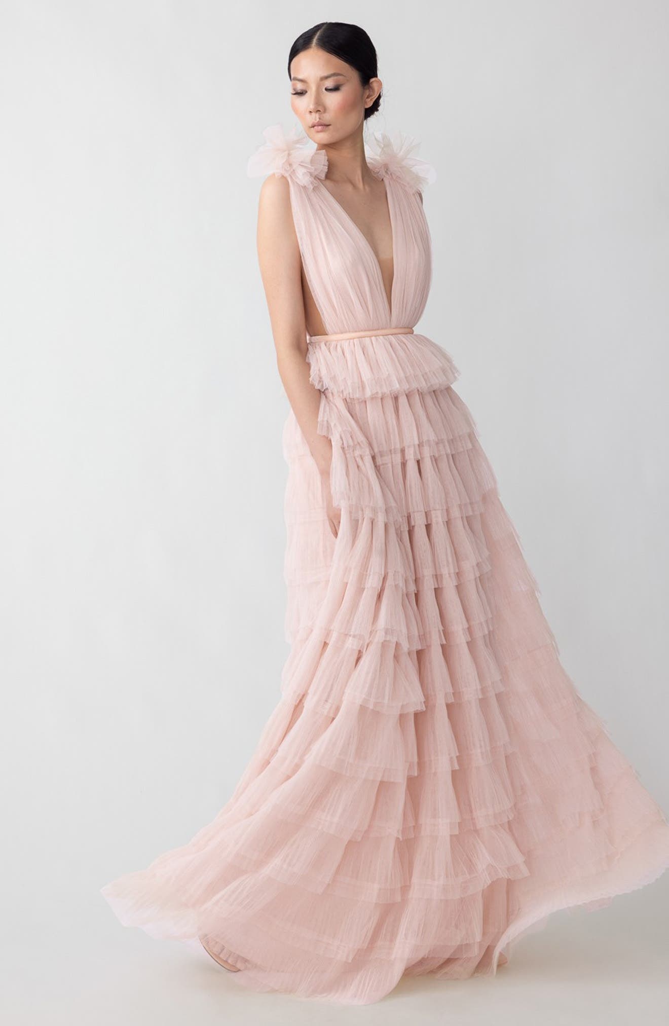 SAU LEE Sabrina Plunge Neck Tiered Tulle Gown in Nude Pink at Nordstrom - 5