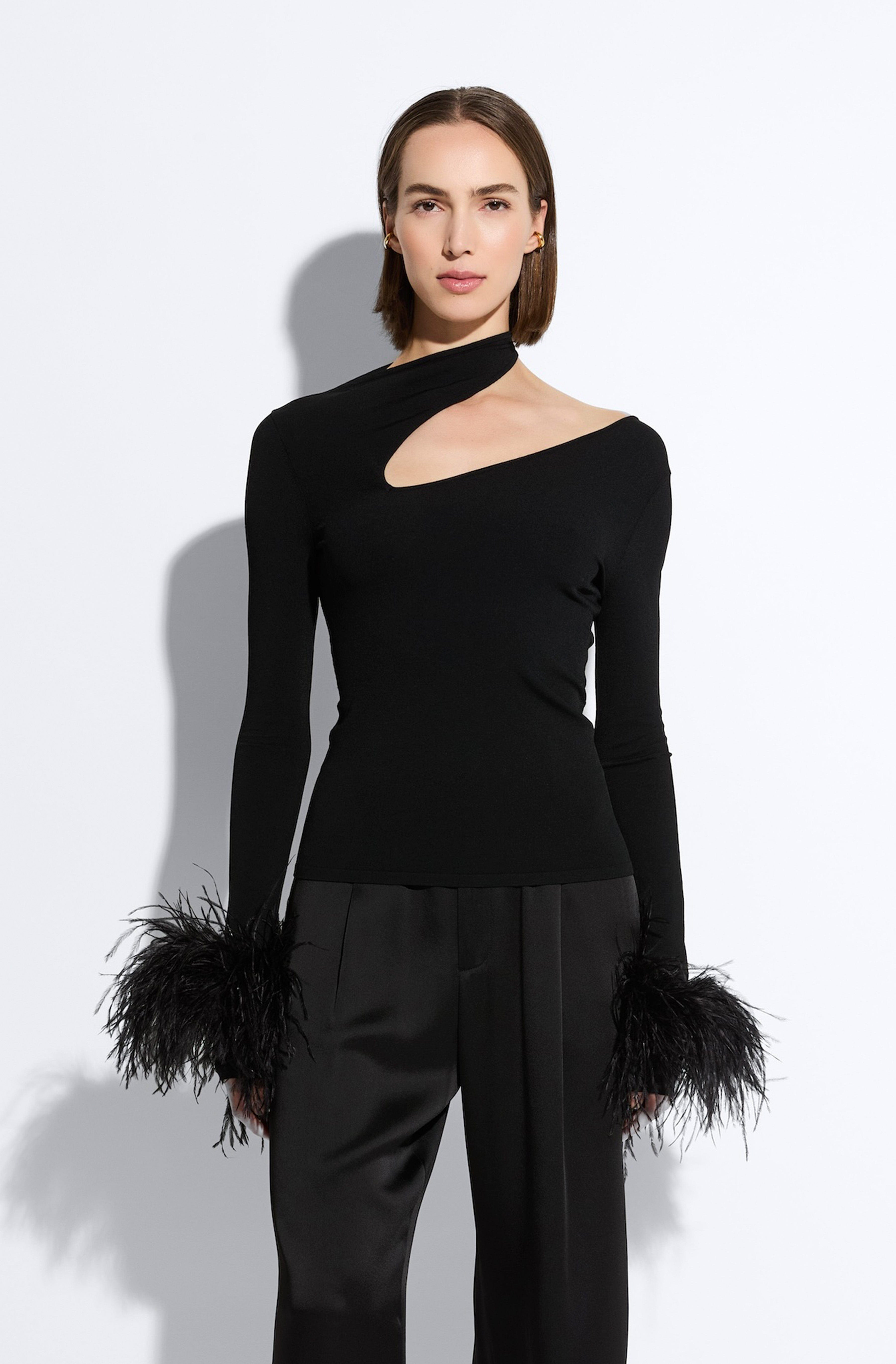 Matte Viscose Asymmetric Top With Feathers - 2