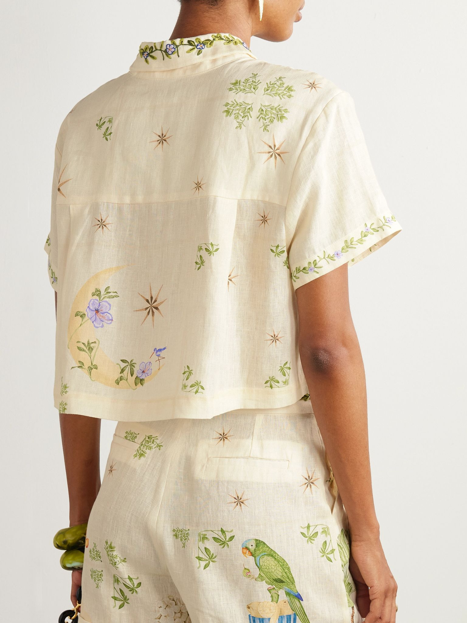 Virtuosa Wild cropped embellished printed embroidered linen shirt Cream - 3