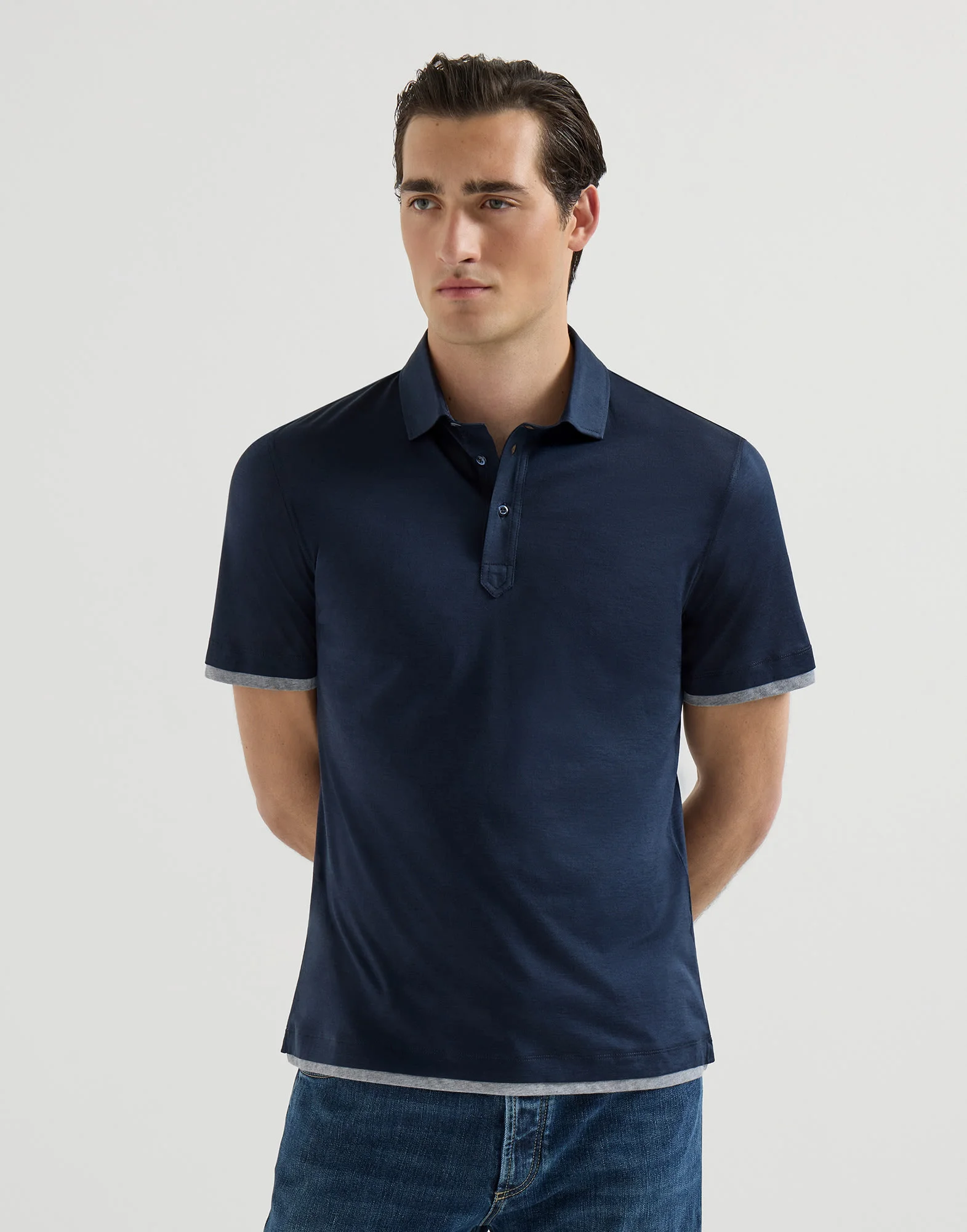 Silk and cotton jersey shirt-style collar polo with faux-layering - 1
