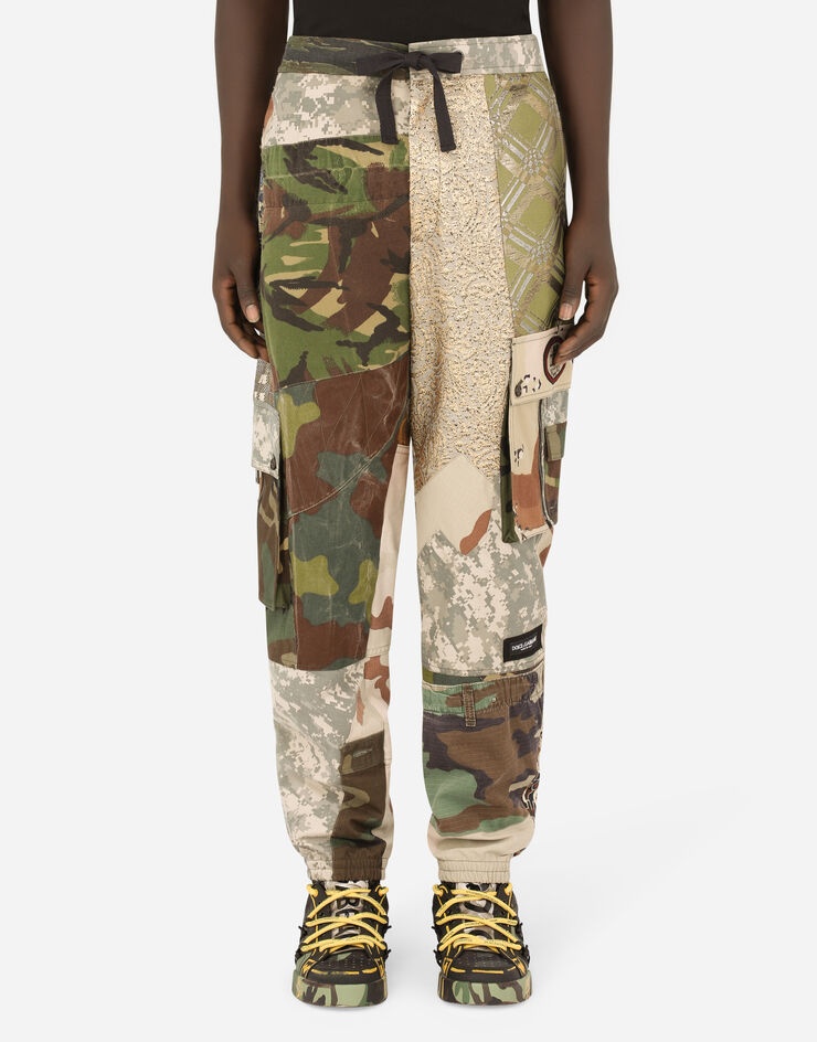 Camouflage patchwork cargo pants with patch embellishment - 1