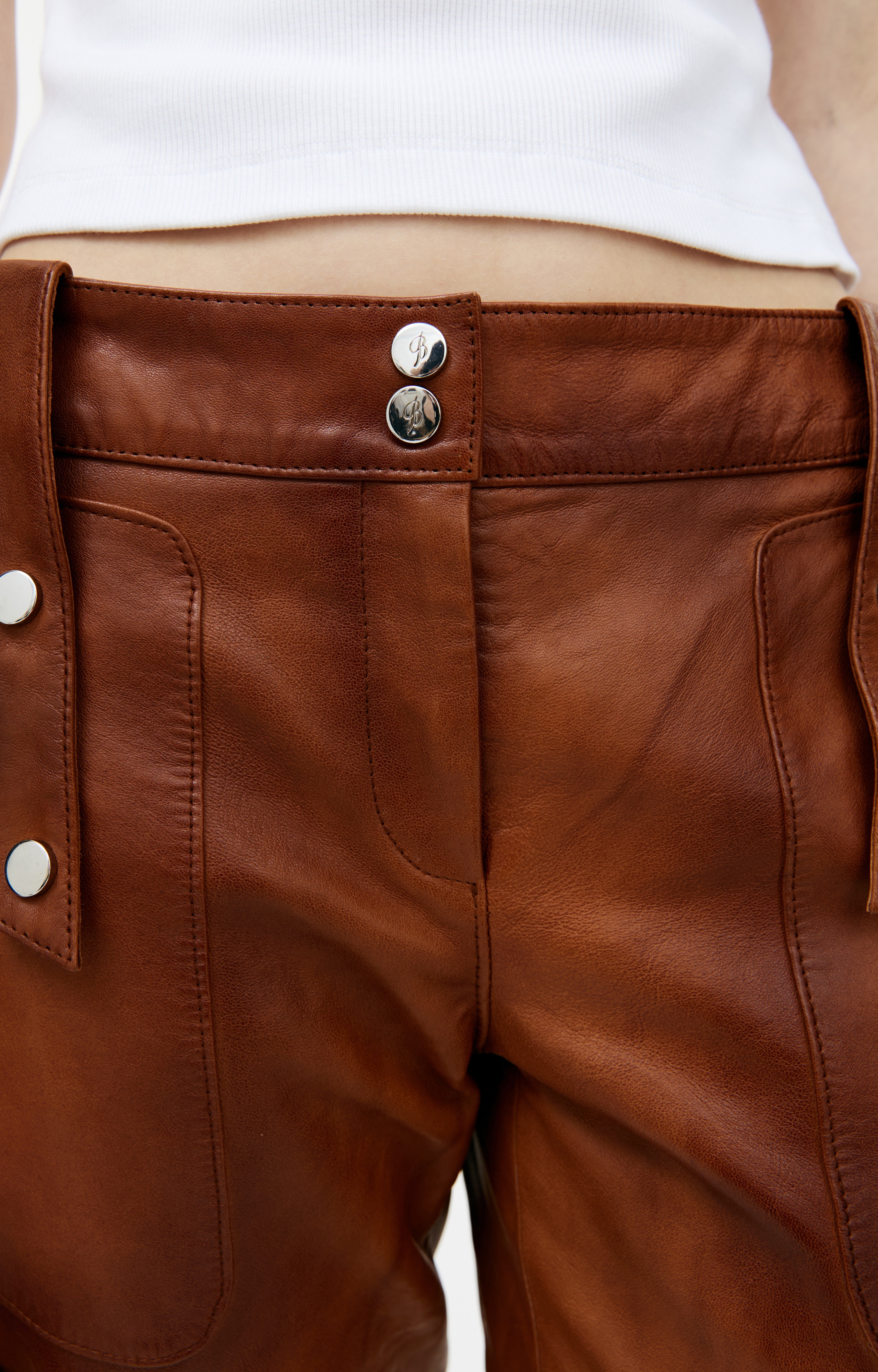 BROWN LEATHER CARGO TROUSERS - 6