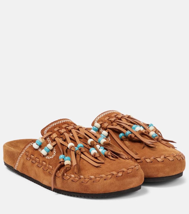 Bead-embellished suede mules - 1