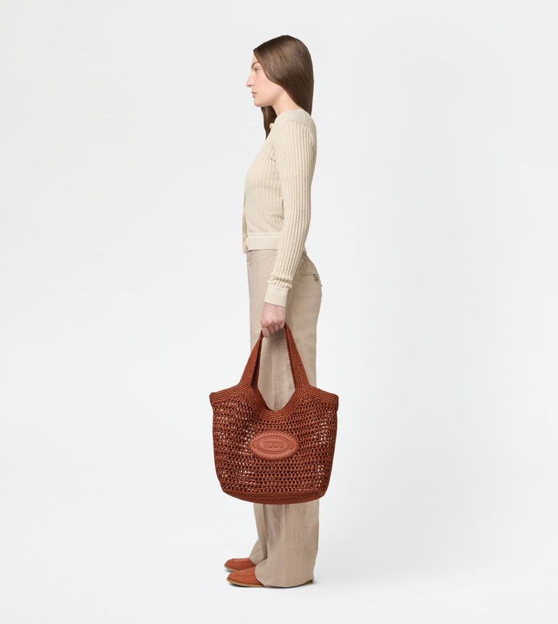 SHOPPING BAG IN RAFFIA AND LEATHER MEDIUM - ORANGE 7