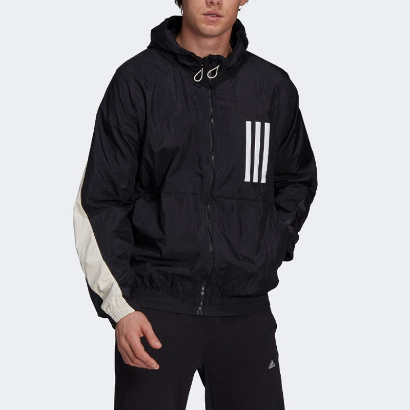 adidas Men's adidas Wnd Mother Contrasting Colors Windproof Hooded Logo Jacket Black GT9769 outlook