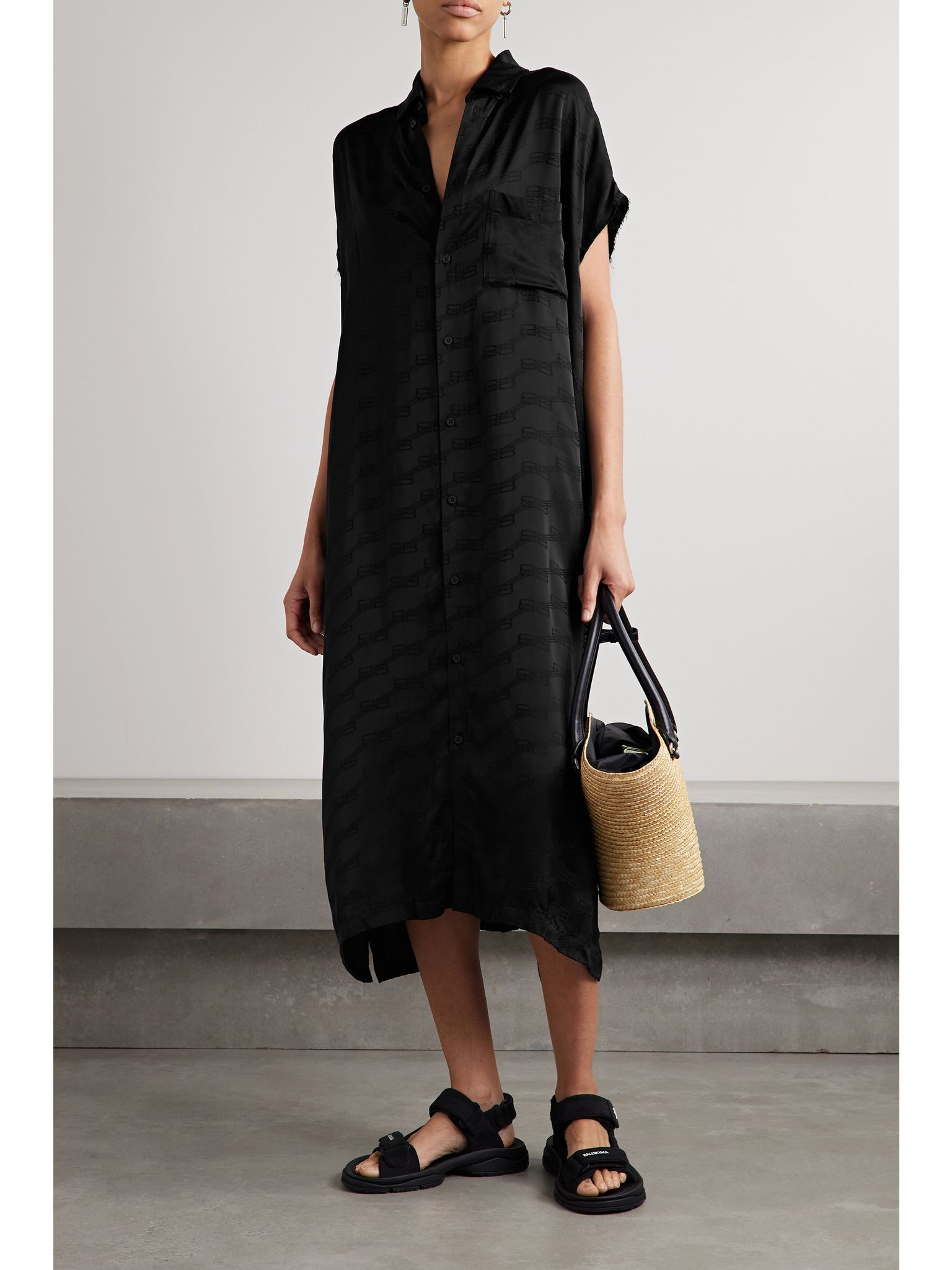 Oversized frayed twill-jacquard midi shirt dress Black - 2