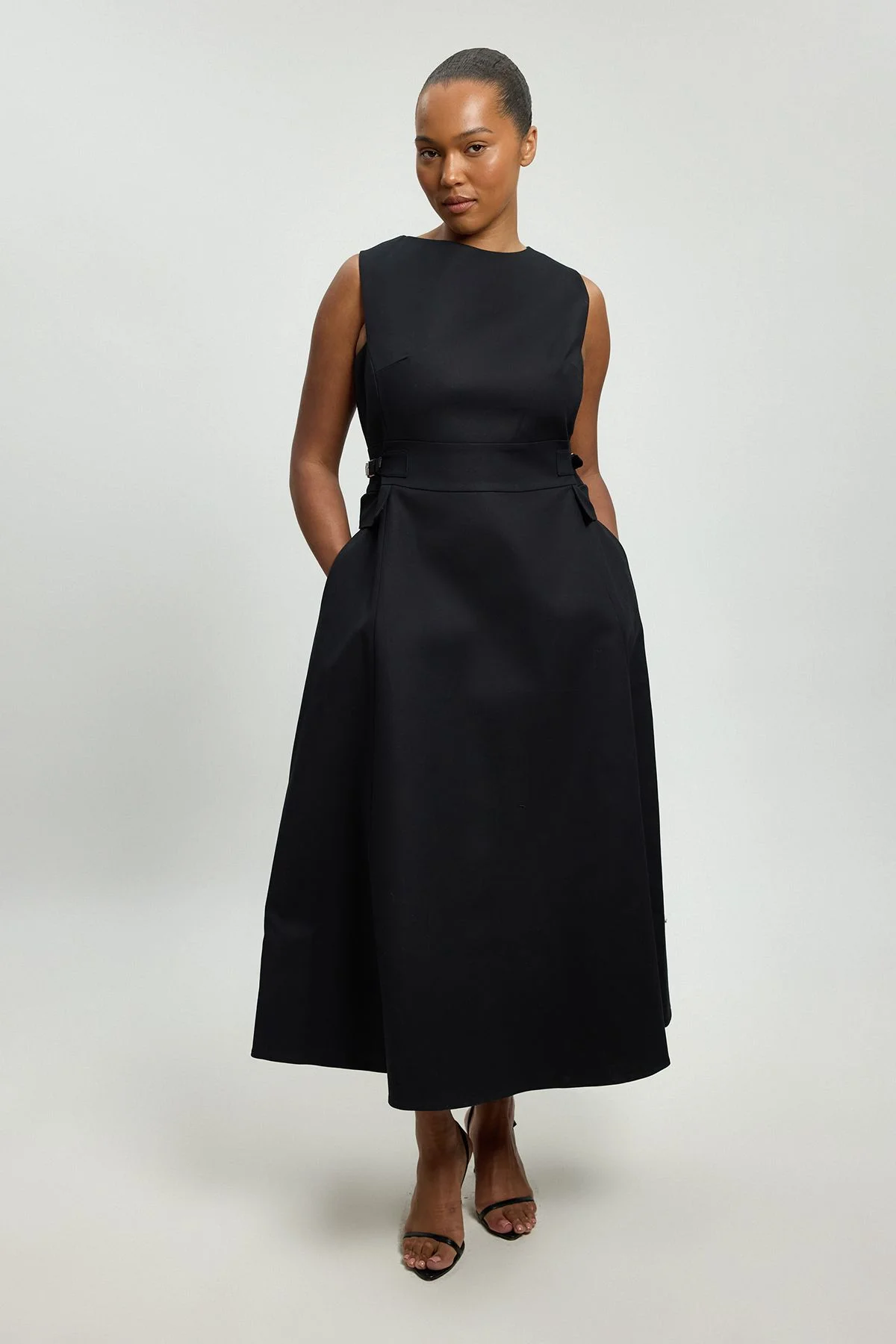 Plus Size Premium Cotton Tailored Fabric Belted Buckle Midi Dress - 1