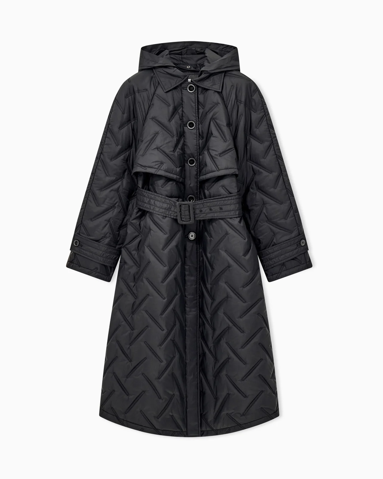 LONG QUILTED LIGHT NYLON COAT WITH A HOOD AND BELT - 1