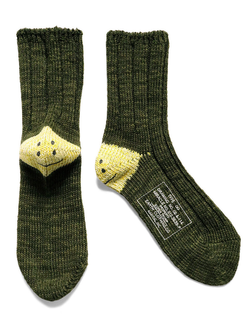 Kapital KAPITAL 56 Yarns MA-1 RAINBOWY HAPPY HEEL Socks 'Khaki' outlook