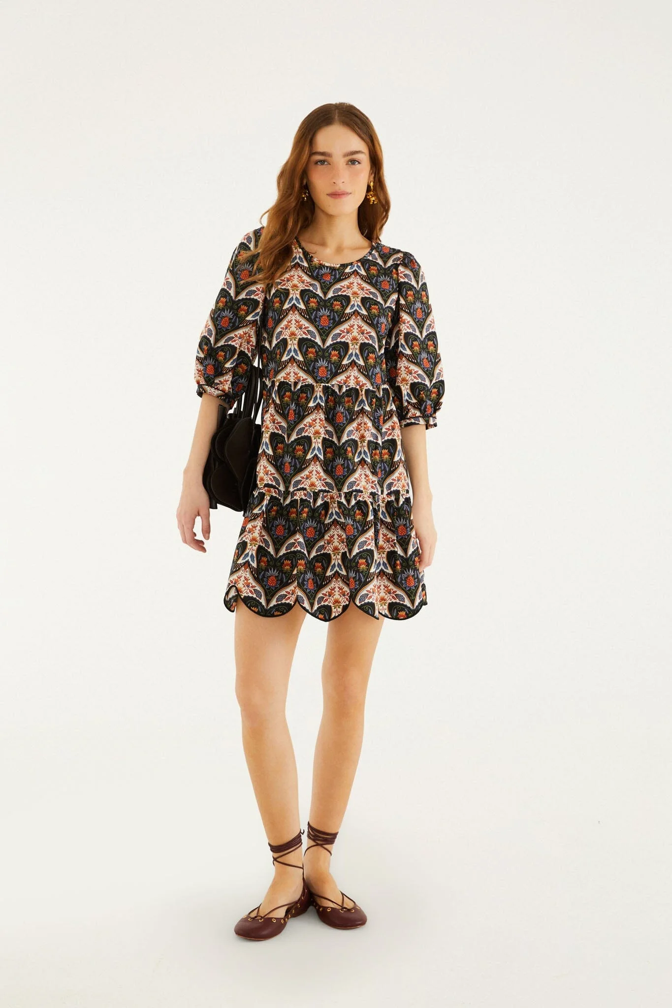 Black Porcelain Birds Puff Sleeve Mini Dress - 1