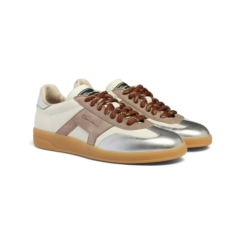 Santoni Women's white, beige and silver leather and suede DBS Oly sneaker outlook