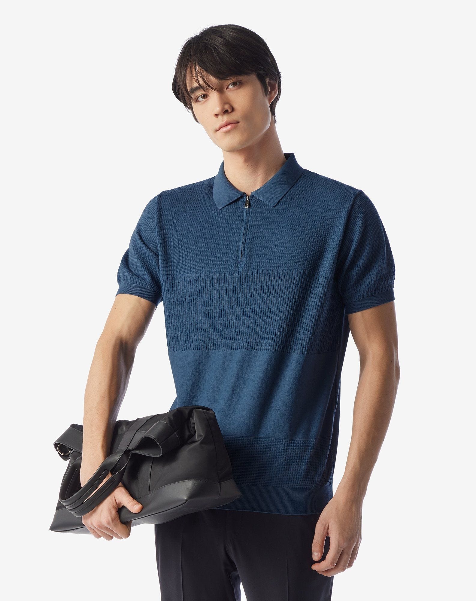 Denim blue zip-up Pima cotton polo shirt - 2