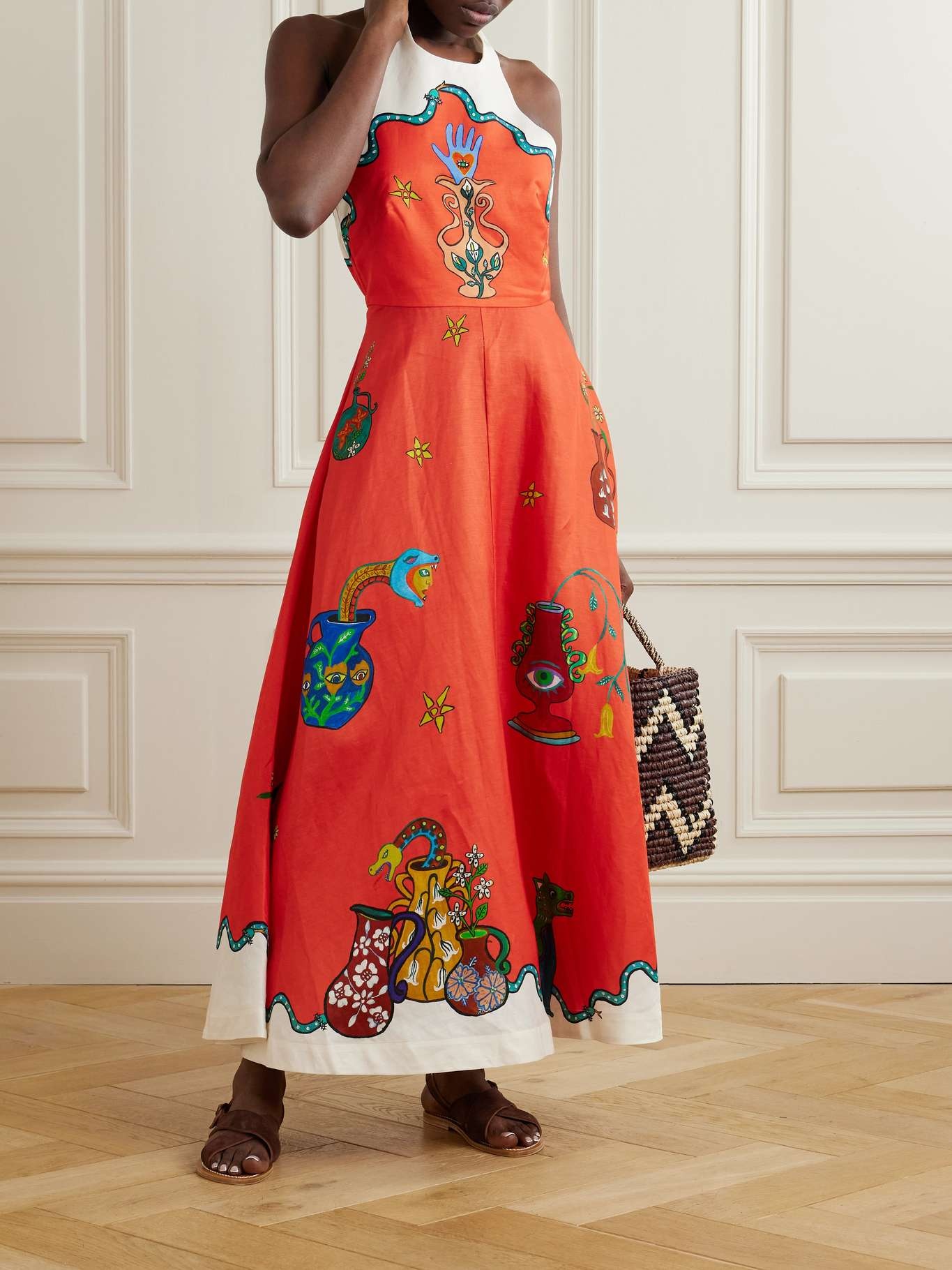 Rose printed twill maxi halterneck dress Orange - 2